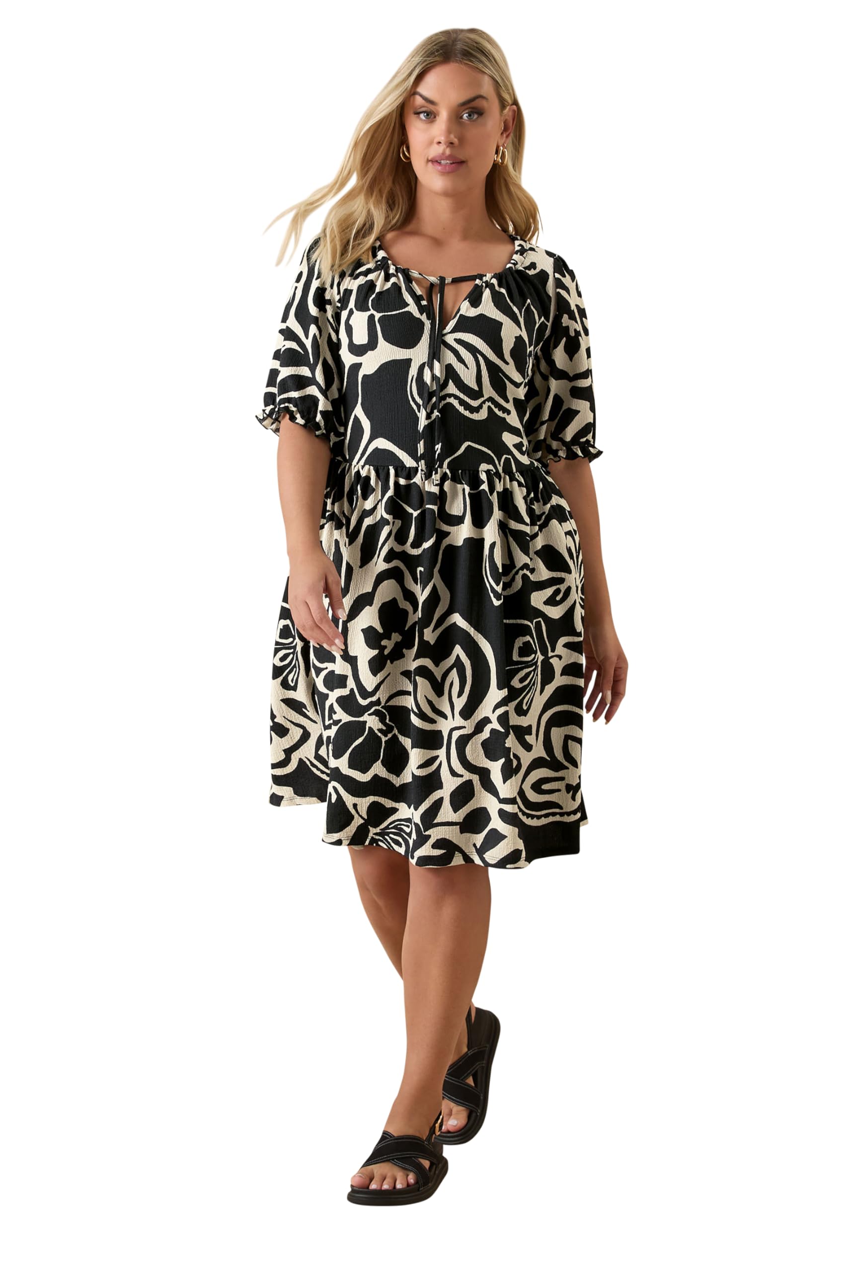 Yours Women's Black Abstract Floral Tie Neck Mini Dress In Size 22-24