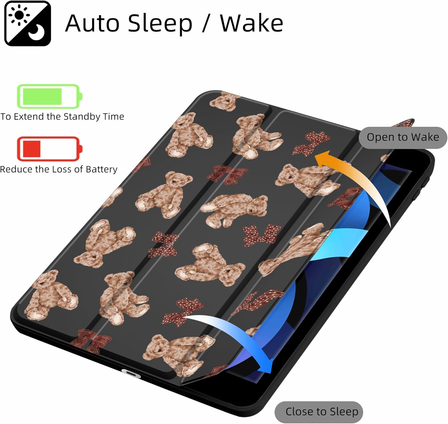 Idocolors Cute Bear Case for iPad 10th/11th Gen (2022/2025) 10.9", Clear Hard Back Cover with Pencil Holder, Tri-fold Stand Full Wrap Protective Case for Women Girls, Bow Bear/Black