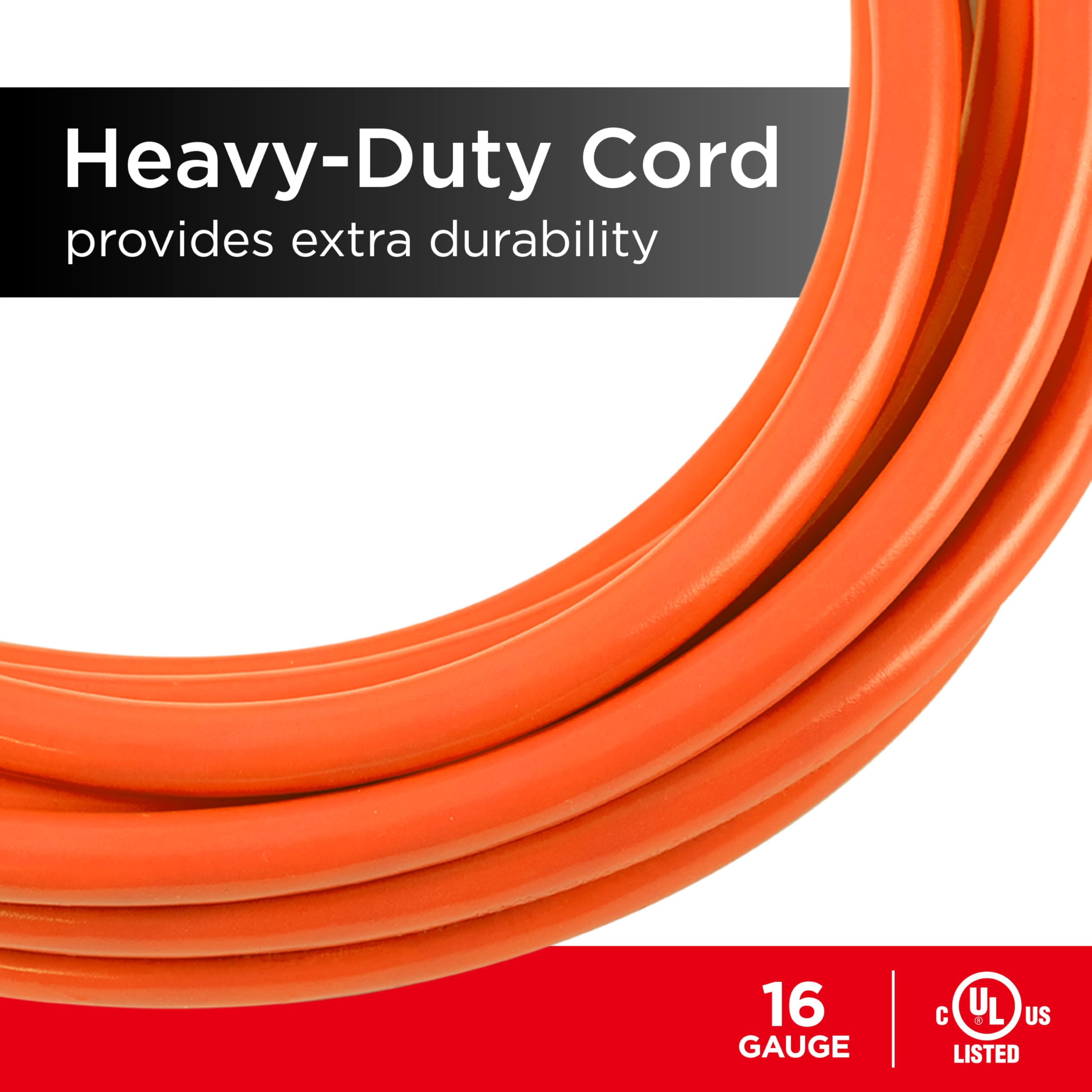 GE Cable de extensión de 25 pies, Resistente, 16 AWG, Uso en Interiores y Exteriores, Cable de alimentación extralargo, certificación UL, Naranja, 51924