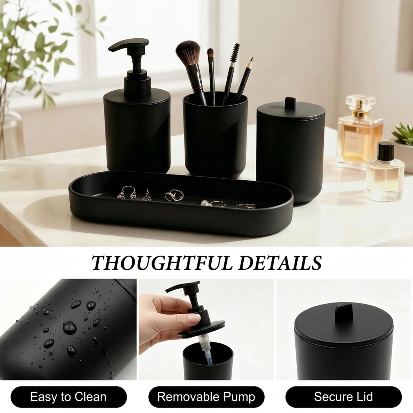 4-teiliges Badezimmer-Set Matt Schwarz – Ensemble d'accessoires de salle de bain modernes avec distributeur de savon, gobelet, récipient de stockage et plateau – Organisateur en plastique pour