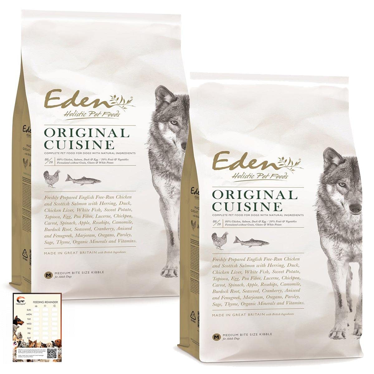 PetsMagnet 2x2kg Eden 80/20 Original Cuisine Adult Dry Dog Food/Medium Kibble plus Feeding Reminder