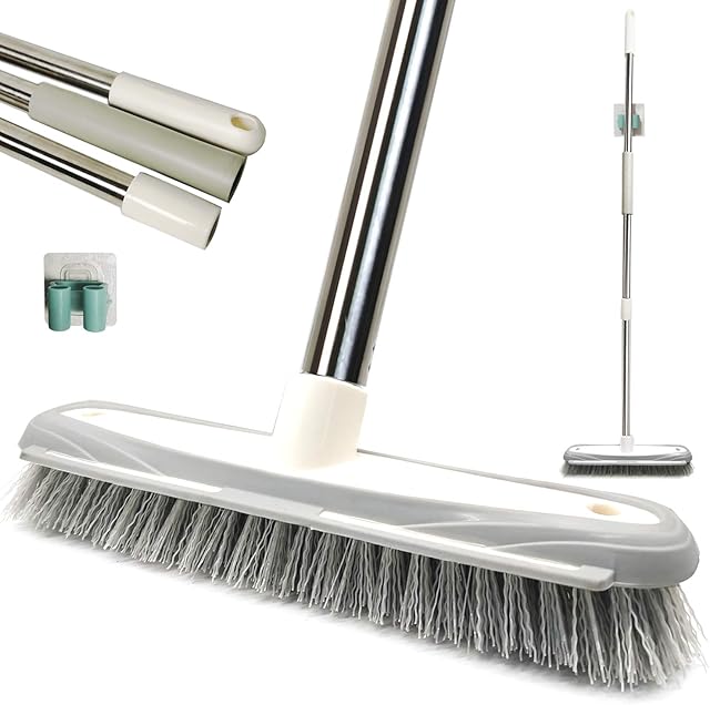 IZSOHHOME Push Broom,Tub Tile Broom Brush,Stiff Bristles Broom for Shower Cleaning, Patio, Kitchen,Grout and Garage,Indoor Outdoor Cleaning Brush,Adjustable Stainless Steel Long Handle-46.5"