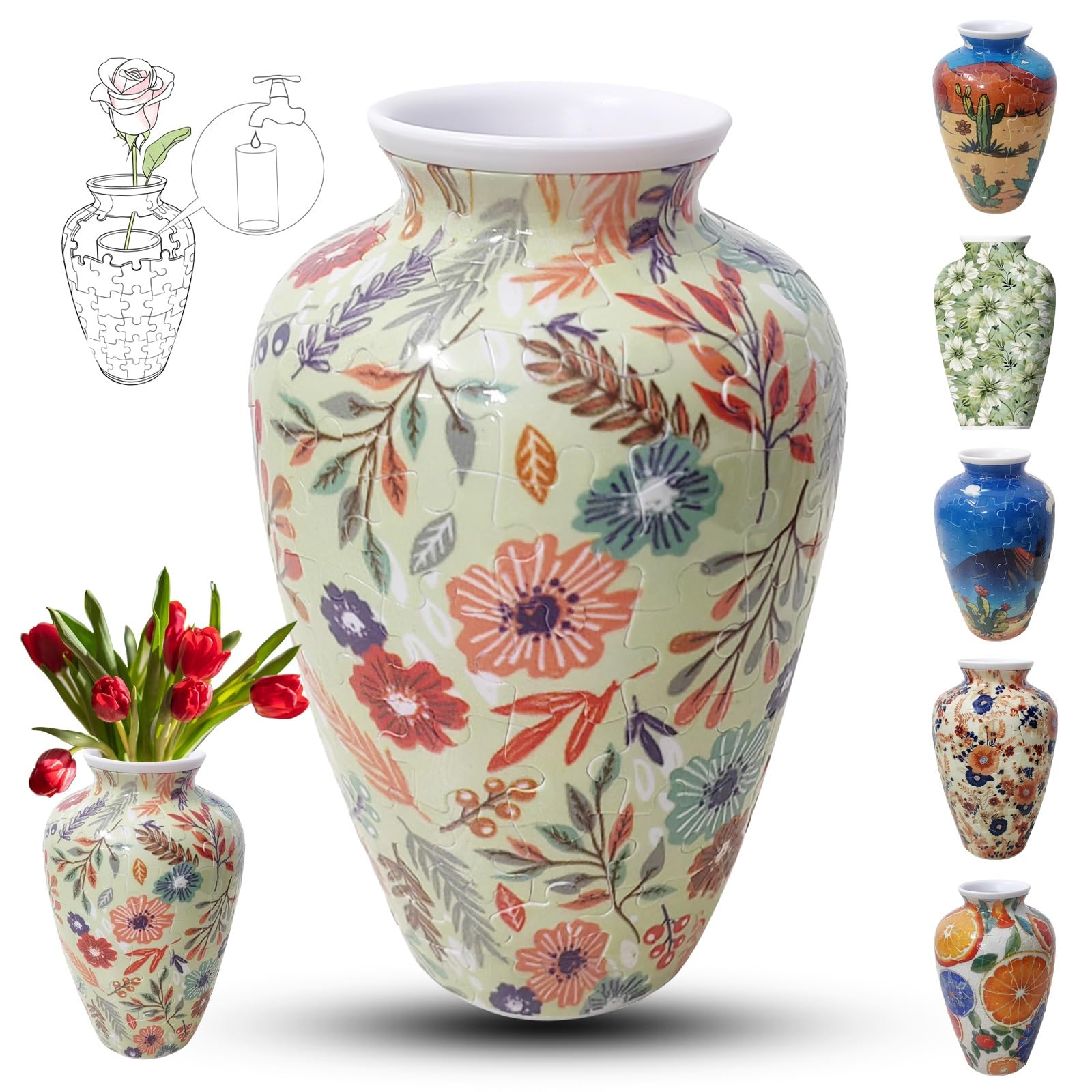 Adults 3D Jigsaw Vase, 120 Pieces, DIY Jigsaw Puzzle, 3D curved puzzle with water column, perfect for displaying real or artificial flowers and flower arrangements(Small leaves)