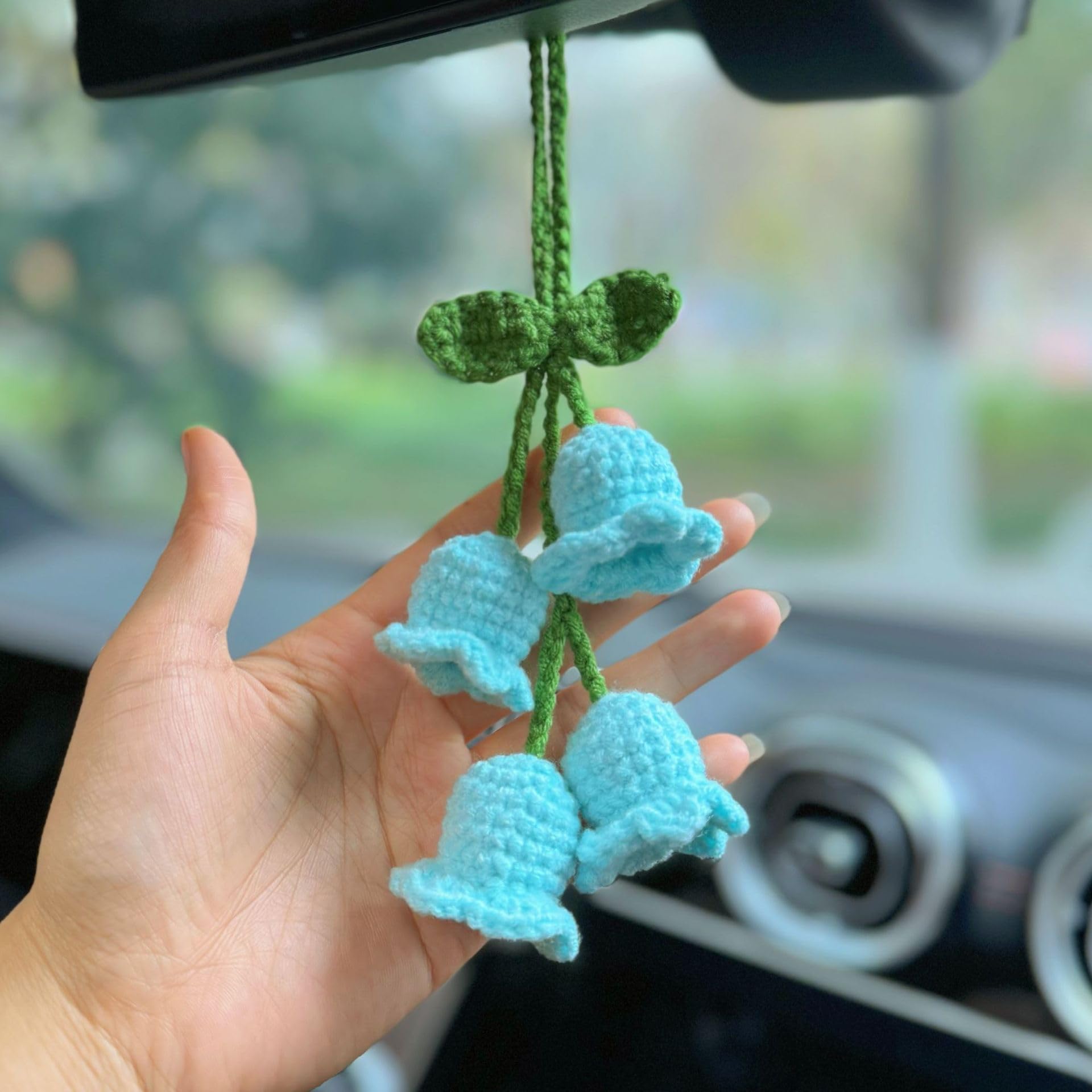 Rear View Mirror Hanging Accessories Cute Car For Nissan Altima,Decor Women Bellflower Hand Knitted Pendant Cotton Crochet Yarn Craft,Blue