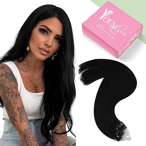 YoungSee Micro Beads Hair Extensions Black Microbead Hair Extensions Human Hair Jet Black Bead Hair Extensions for Women 24 Inch Hair Extensions Bead Hair Extensions Real Human Hair Natural 50s 50g