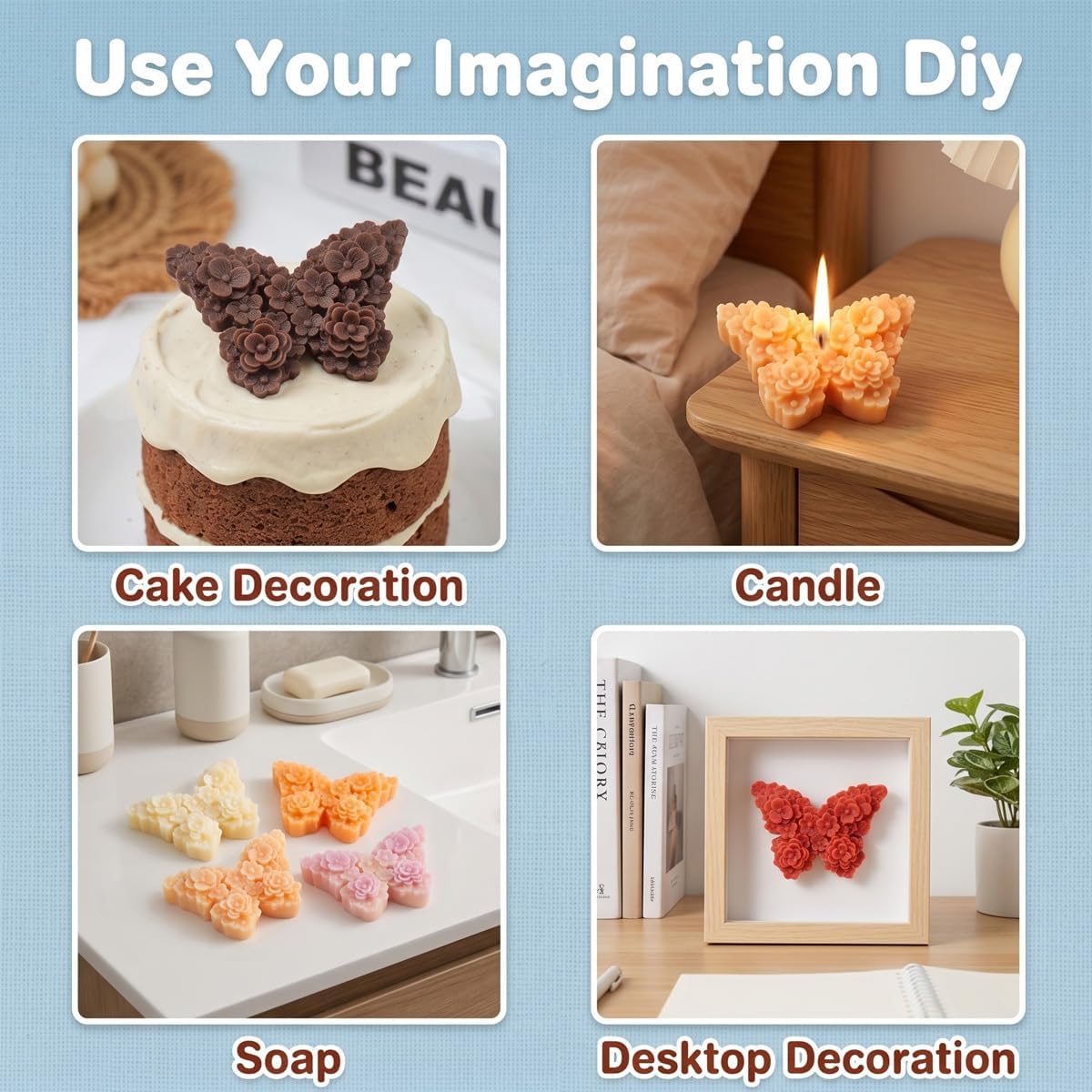 4 PCS 3D Flower Butterfly Candle Molds Mini Butterfly Silicone Molds Epoxy Resin Molds for Candle Making Resin Casting Soap Plaster Mould Fondant Cake Decoration Molds