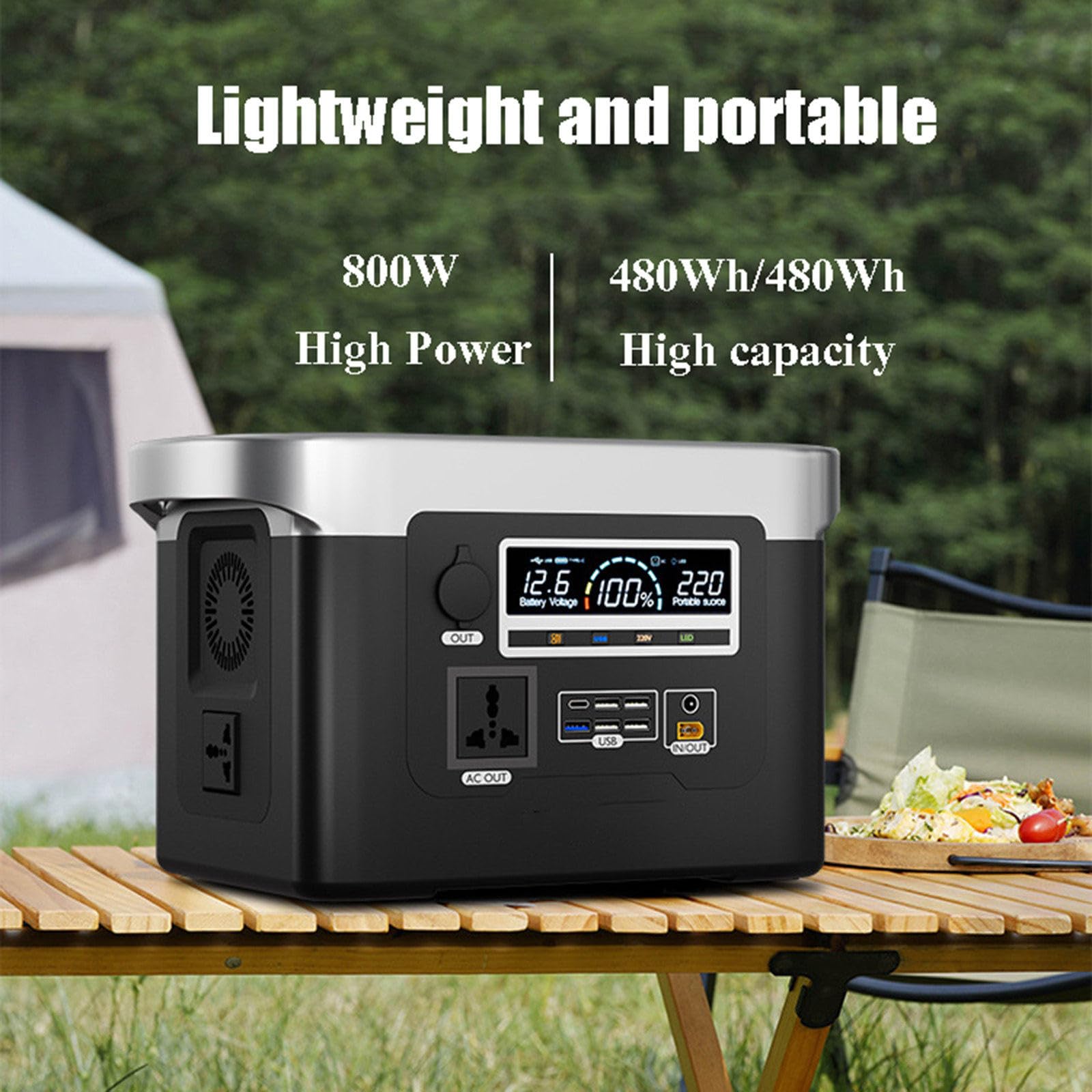 Estación de energía portátil, generador solar de 480 Wh + 800 W con toma de CA de 220 V/120 W para acampar, emergencias, aventuras al aire libre, picnics, pesca, viajes, fiestas,Black-480Wh