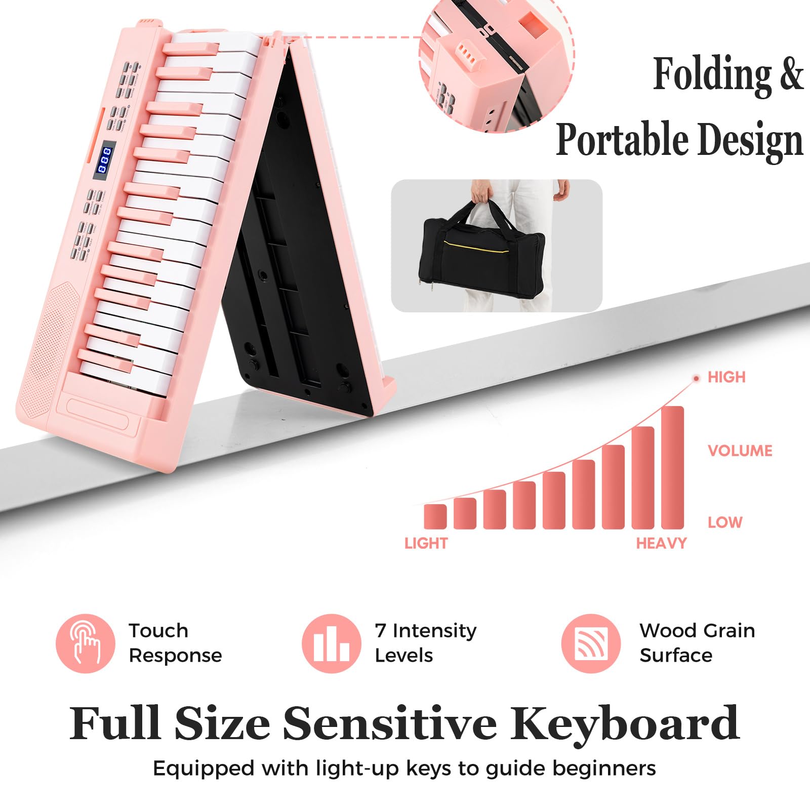 KOMFOTTEU Piano digital plegable con 61 teclas, piano con auriculares, pedal, atril y piano digital con 128 sonidos y ritmos, teclado de piano con funda (rosa)