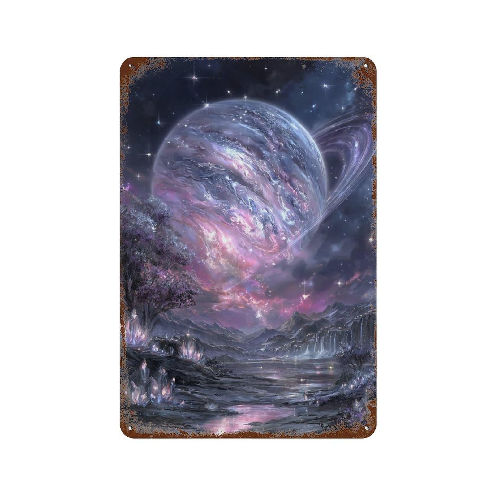 Fantasy Alien Planet Landscape 11.8"x7.9" Rust Effect Tin Sign, Vintage Wall Decor for Farmhouse, Kitchen And Entryway Decor