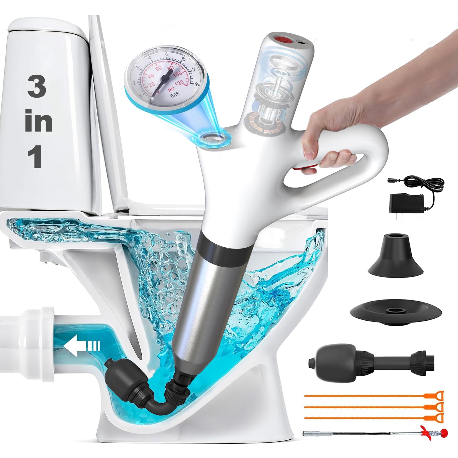 Electric Toilet Plungers For Bathroom, 3 In 1 Toilet Plunger Heavy Duty, Toilet Unclogger With Real Time Barometer, High Pressure Toilet Plunger, Suitable For Toilet, Floor Drain, Sewer