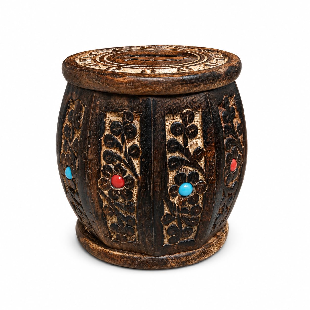 M S E-Commerce Handcrafted Wooden Money Bank with Floral Carvings and Gemstone Accents, 11.5cm Diameter, 12.5cm Height-image-27