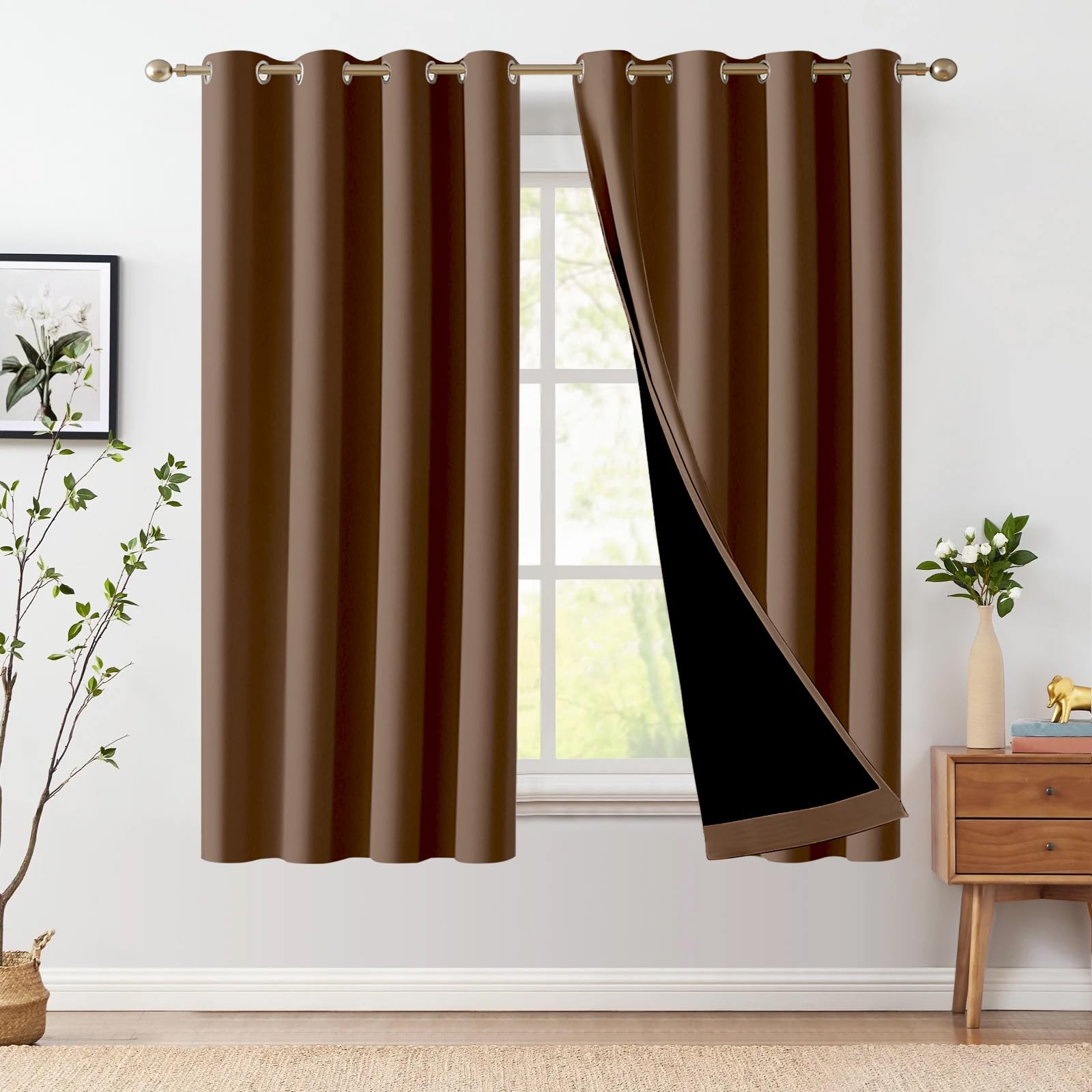 ThinkArtDecor 100% Blackout Window Curtains 5 Feet Long Set of 2 with Tie Backs, Triple Weave Curtains 5 Feet for Window with Grommet for Home Decor, Bedroom Darkening (5x4 Feet, Coffee Brown)-image-49
