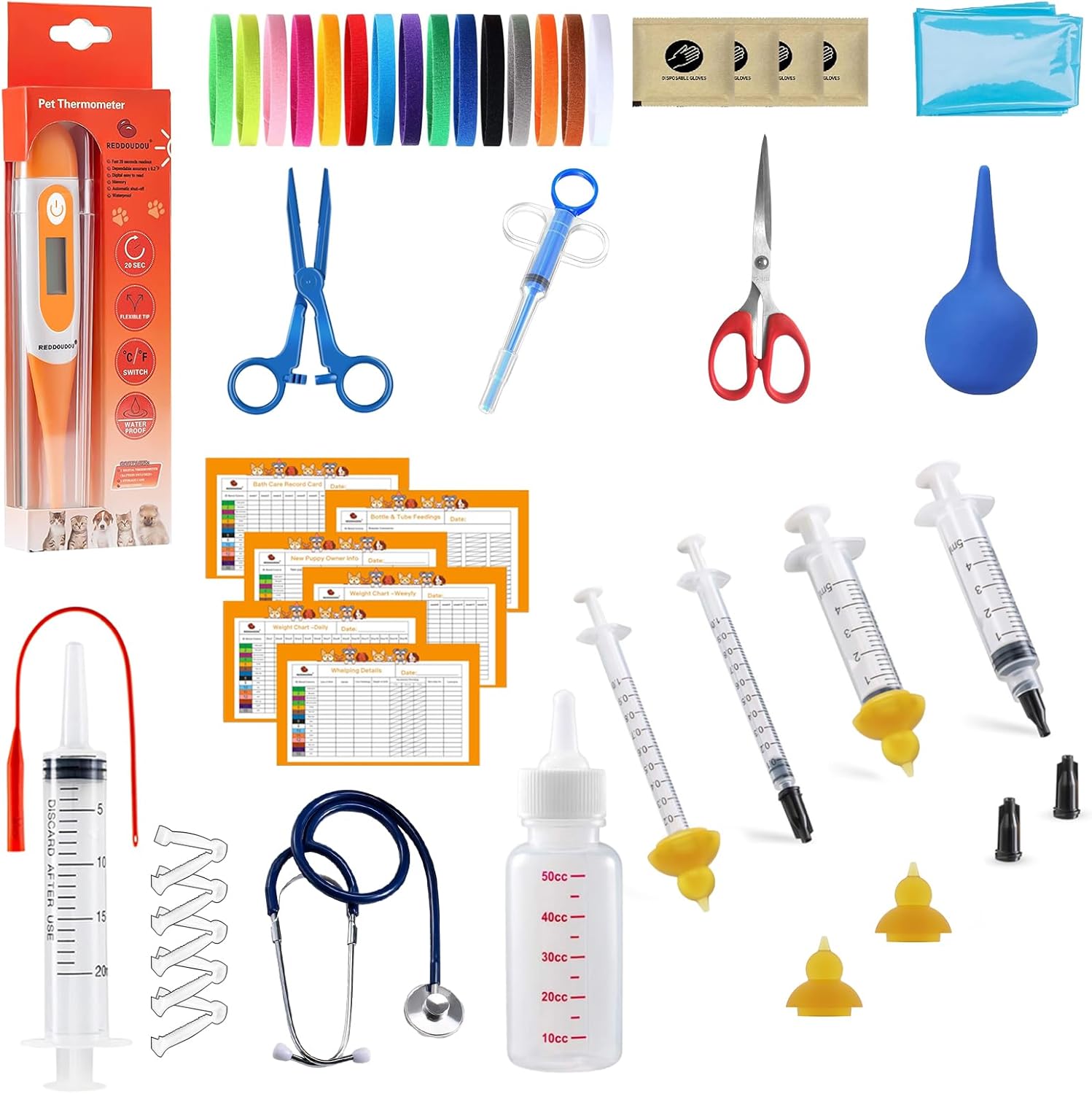 REDDOUDOU Puppy Kitten Whelping Kit, Whelping Kit with Feeding Nipple Bottle Stethoscope Scissors Cord Clamps Aspirator etc Full kit