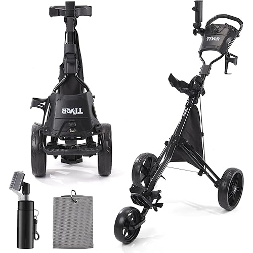 Tivor Golf Push Cart 3 Wheel,Lightweight Golf Bag Cart with Quad-Fold Frame,and Cooler Bag,Cleaning Kit Golf,Phone/Cup/Umbrella Holder Compact Golf cart Set
