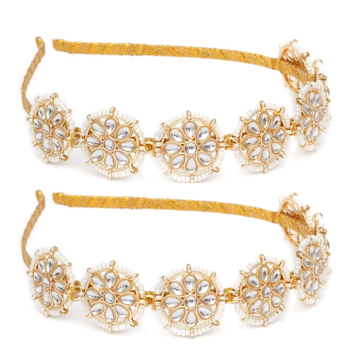 Floral Kundan Studded Matha Patti Sheesh Patti Wedding Hairband Traditional Golden Celebrity Headband Hair accessory Jewellery for Women and Girls Pack of 2 Floral Kundan Studded Matha Patti Sheesh Patti Wedding Hairband Traditional Golden Celebrity Headband Hair accessory Jewellery for Women and Girls Pack of 2