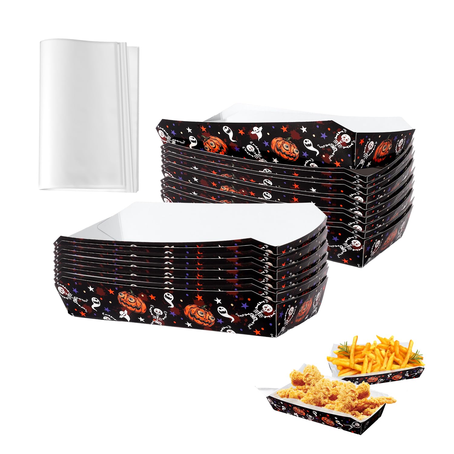 100PCS Halloween Lebensmittel Tablett aus Papier und 100PCS Deli Paper Halloween Tablett Nacho Tablett zum Servieren von Speisen Snacks Hot Dogs Süßigkeiten Brathähnchen (Halbfertigprodukt)