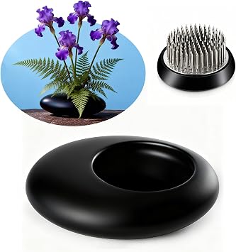 Japanese Inspired Ceramic Vase Ikebana kit, Pebble Shaped Flower Arrangement Bowl with 1.57inch Flower Frog Pin Frog Flower Stems Holder Small Black