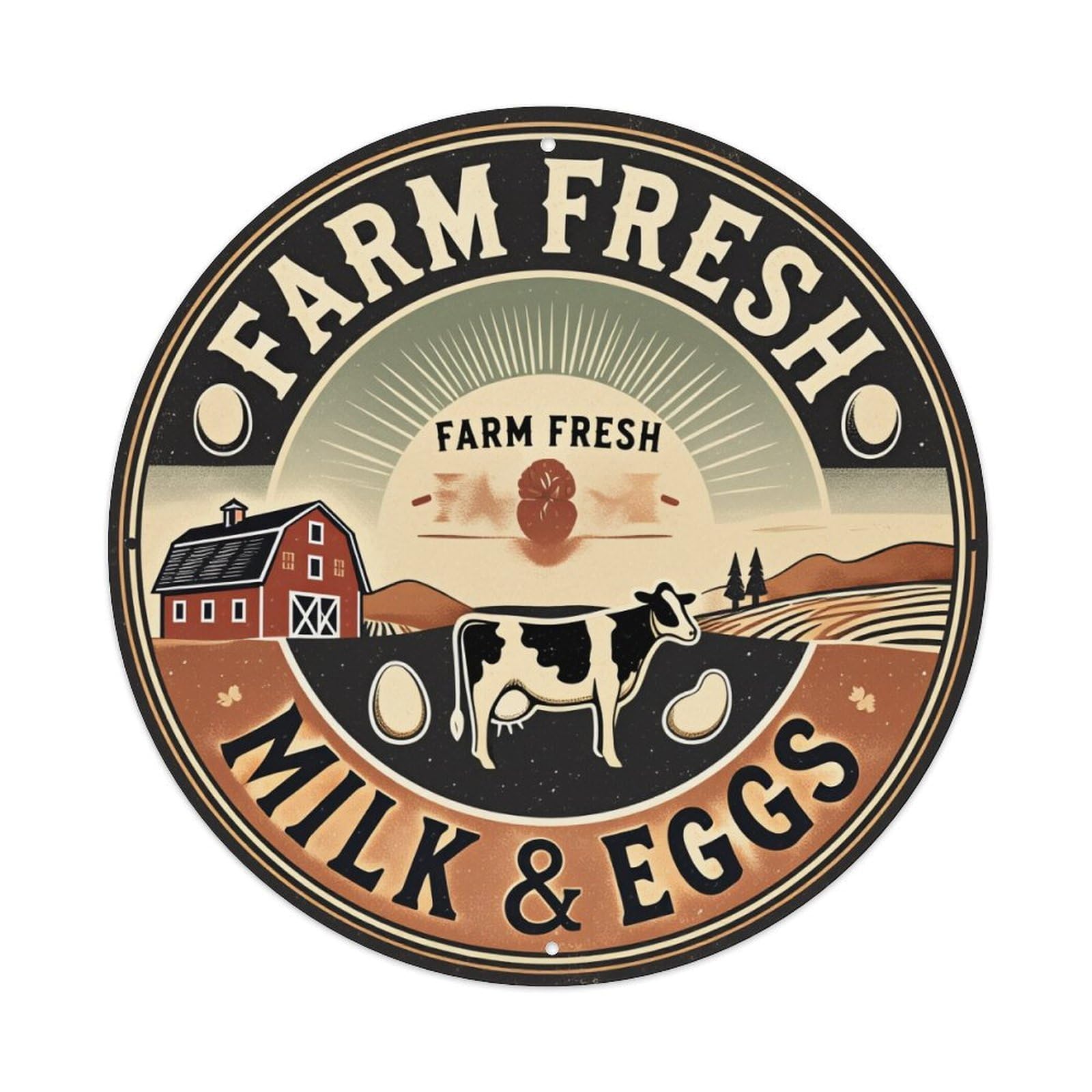 Farm Fresh Milk Eggs Cow Barn Round Tin Sign Vintage Metal Poster, Home Bar Garage Man Cave Cafe Indoor & Outdoor Wall Decoration 8x8Inches