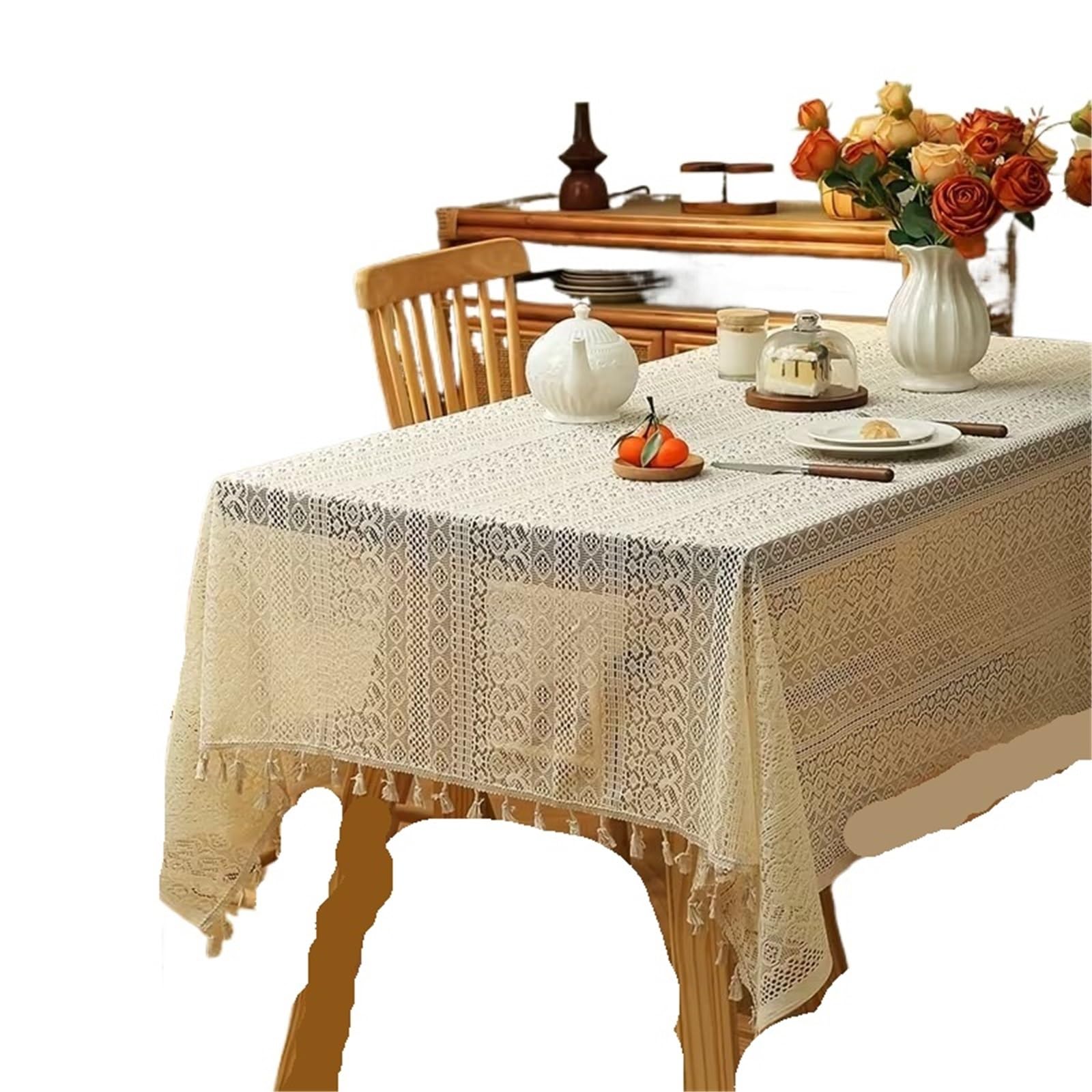 PSNKLMM 1pc Romantic Vintage Style White Lace Tassel Tablecloth, Suitable For Picnic, Holiday Party, Wedding, Event