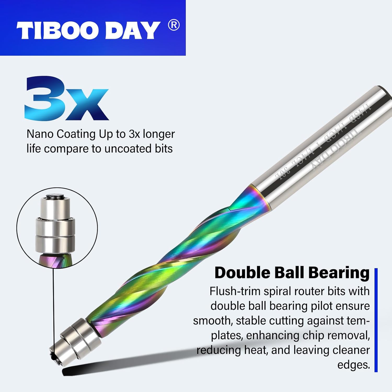 UP Cut Spiral Flush Trim Router Bit 1/4 inch Solid Carbide Flush Trim Router Bits with Bottom Bearing Nano Multicolore Coating 1-1/4 Cutting Length for Woodworking
