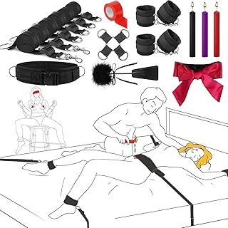 BDSM Bondage Restraints Adult Toys, Adjustable Bed Restraints 14 PCS Kit Sex Straps, Bondage Cuffs, Blindfold, Cross Strap, Tickler, Feather & Low Temperature Candles, Bondage Gear & Accessories