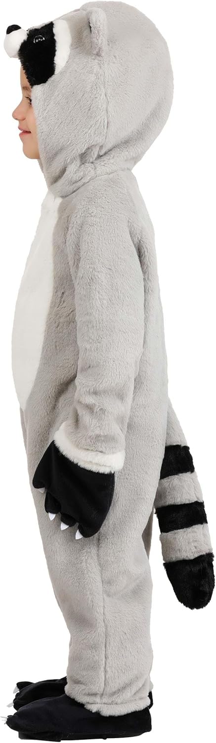 Toddler Rascal Raccoon Costume | Furry Hooded Jumpsuit with Striped Tail and Mitts - Image 4