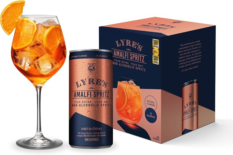 Lyre’s Amalfi Spritz 4-Pack, Non Alcoholic Italian Spritz, Canned Mocktails | 4 x 8.45 Fl Oz cans; bittersweet orange Italian aperitif and sparkling non alcoholic wine alternative; 70 calories per can