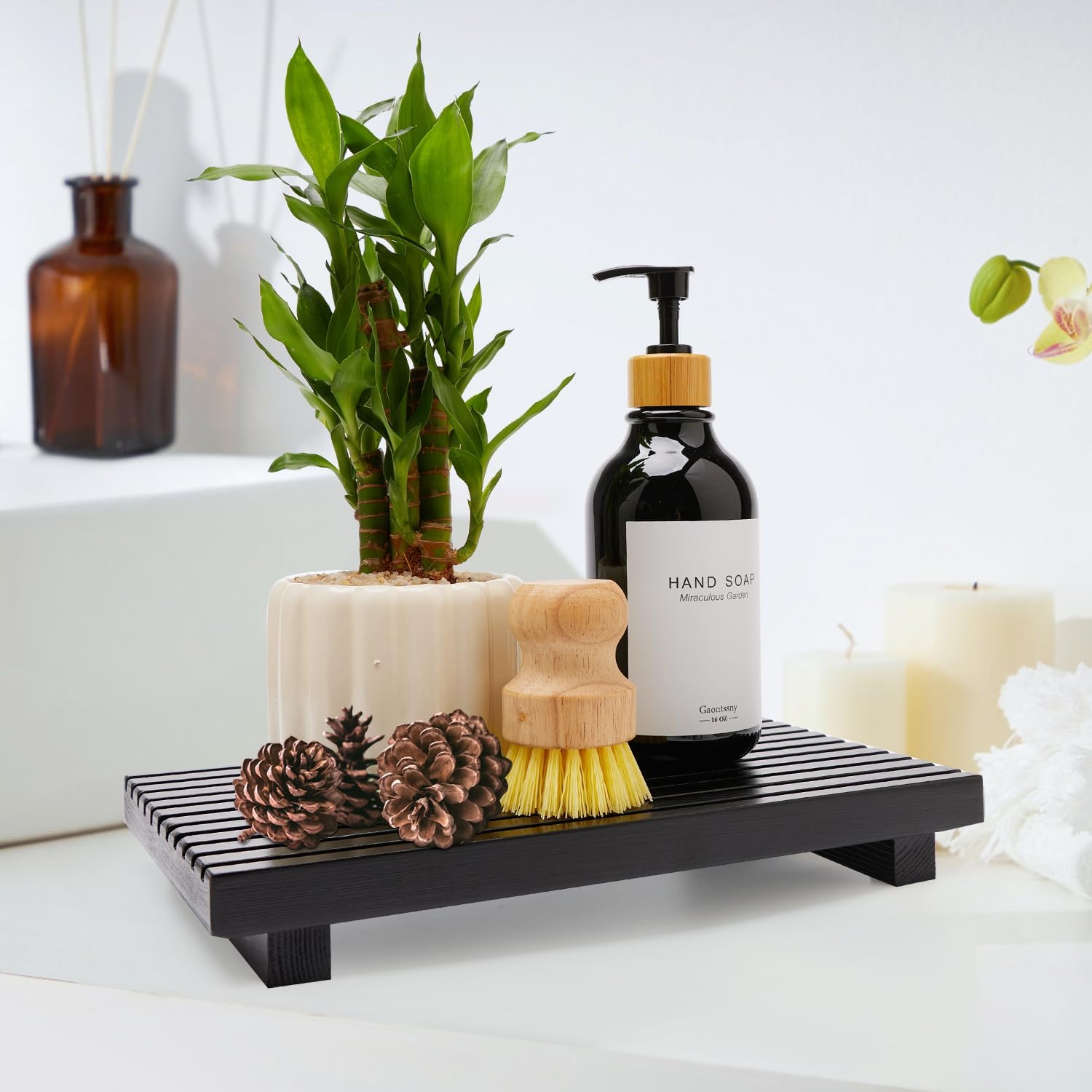Renawe Black Bathroom Counter Tray Organizer Wood Riser Stand Kitchen Countertop Trays Wooden Pedesta Display Dish Soap Dispenser Holder for Bathroom Decor Sink Accessories Vanity Tray