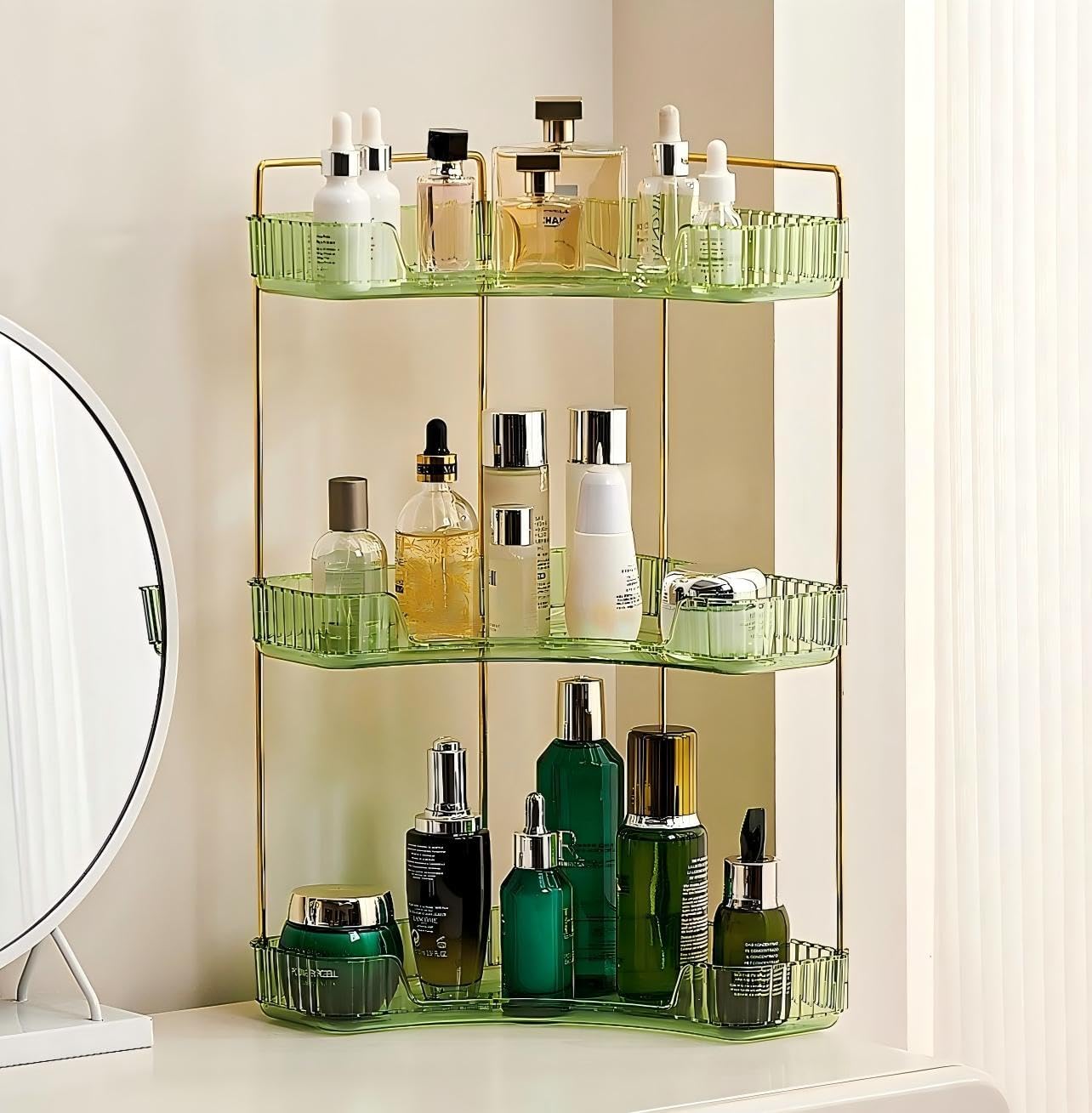 Ceruaxb 3-Tier Corner Bathroom Counter Organizer, Plastic Countertop Makeup Organizer, Large Capacity Vanity Bathroom Perfume Shelf Rack for Kitchen Office Desktop (Green)