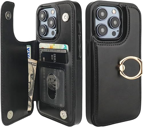 Funda tipo cartera para iPhone 15 Pro con soporte para tarjetas, anillo de rotación de 360, función atril, bloqueo RFID, piel sintética, doble