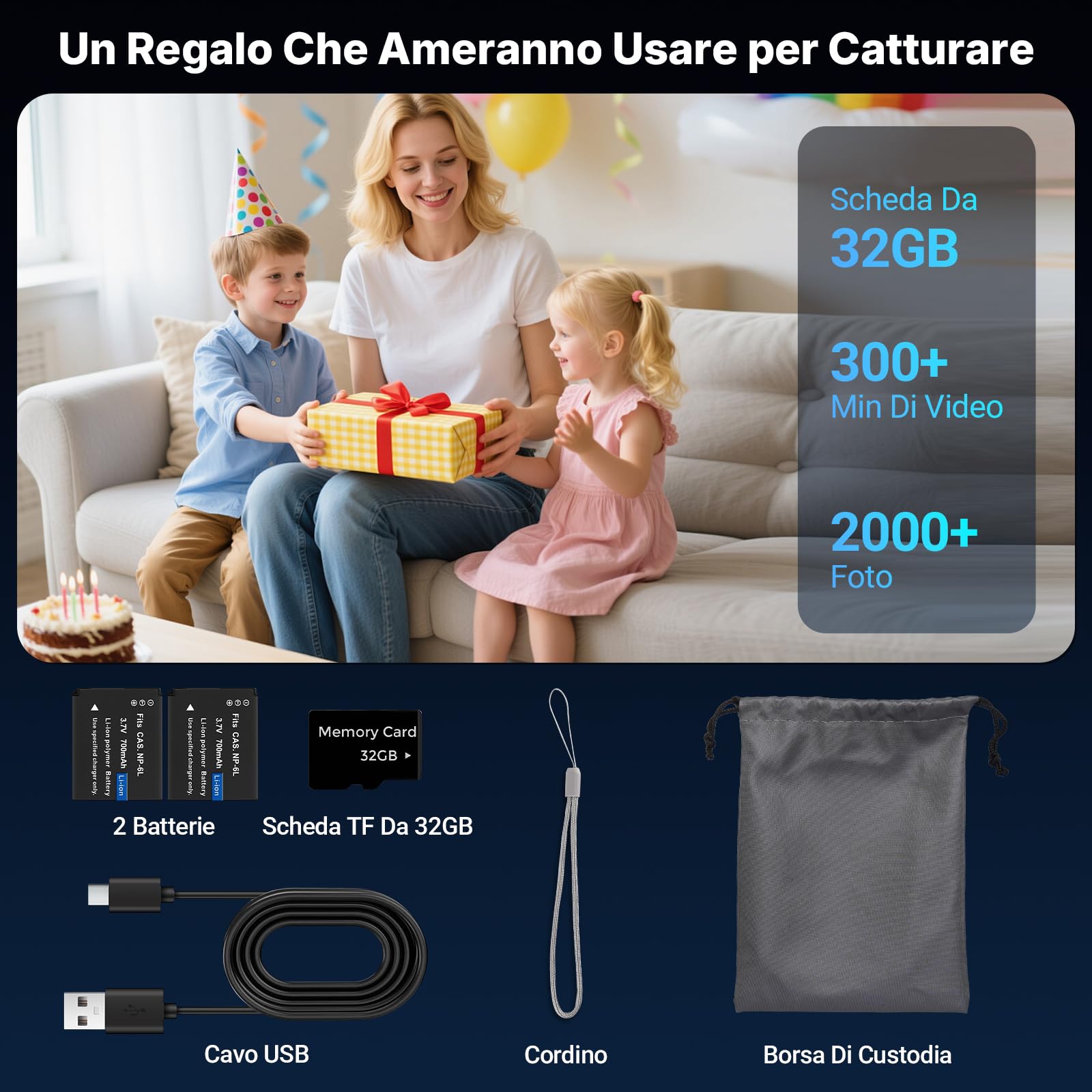 Fotocamera Digitale Macchina Fotografica Digitale Compatta 44MP 1080P con Schermo IPS da 2,4”, Zoom Digitale 16X, Anti-Shake, Scheda da 32GB, 2 Batterie per Adolescenti, Ragazzi e Ragazze Nero