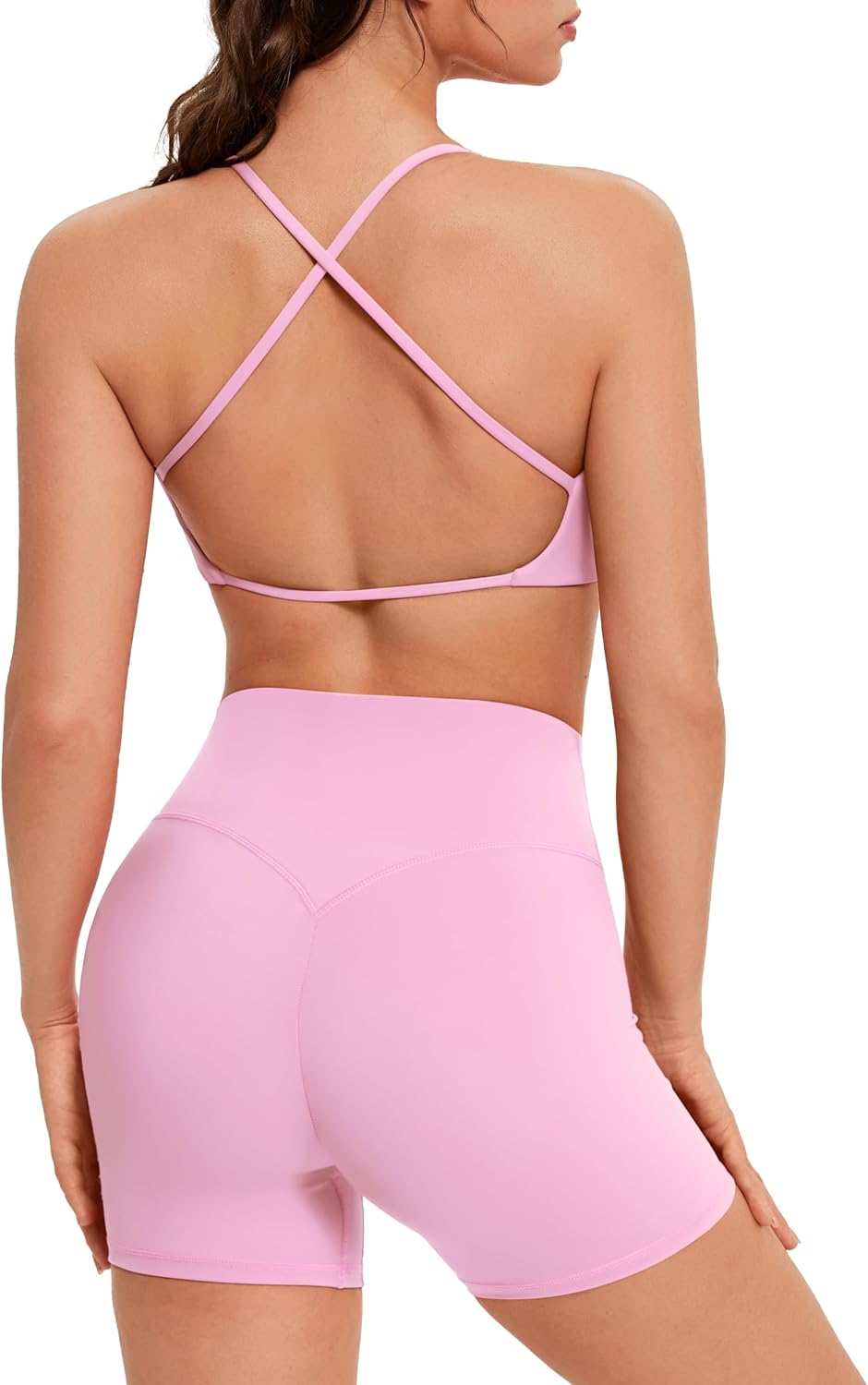 OMKAGI Workout Sets for Women Open Back Strappy Sports Bra Booty Biker Shorts Gym Outfits