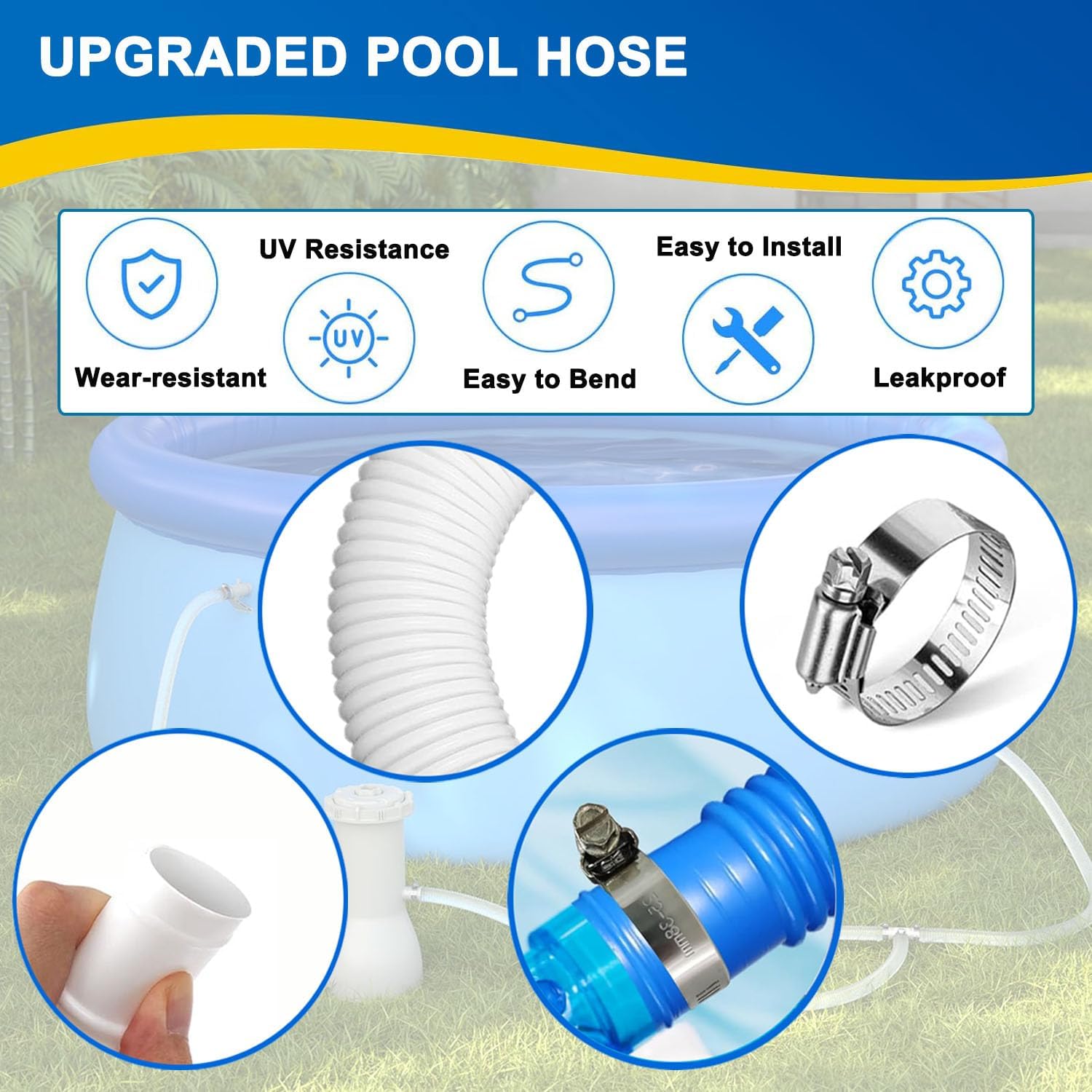 2 Pack 1.25" x 59" Pool Hoses for Above Ground Pools, Upgraded Pool Pump Replacement Hose for Intex Filter Pump 607, 637, 330GPH, 530GPH, 1000GPH, with 4 Metal Clamps (Blue) thumbnail