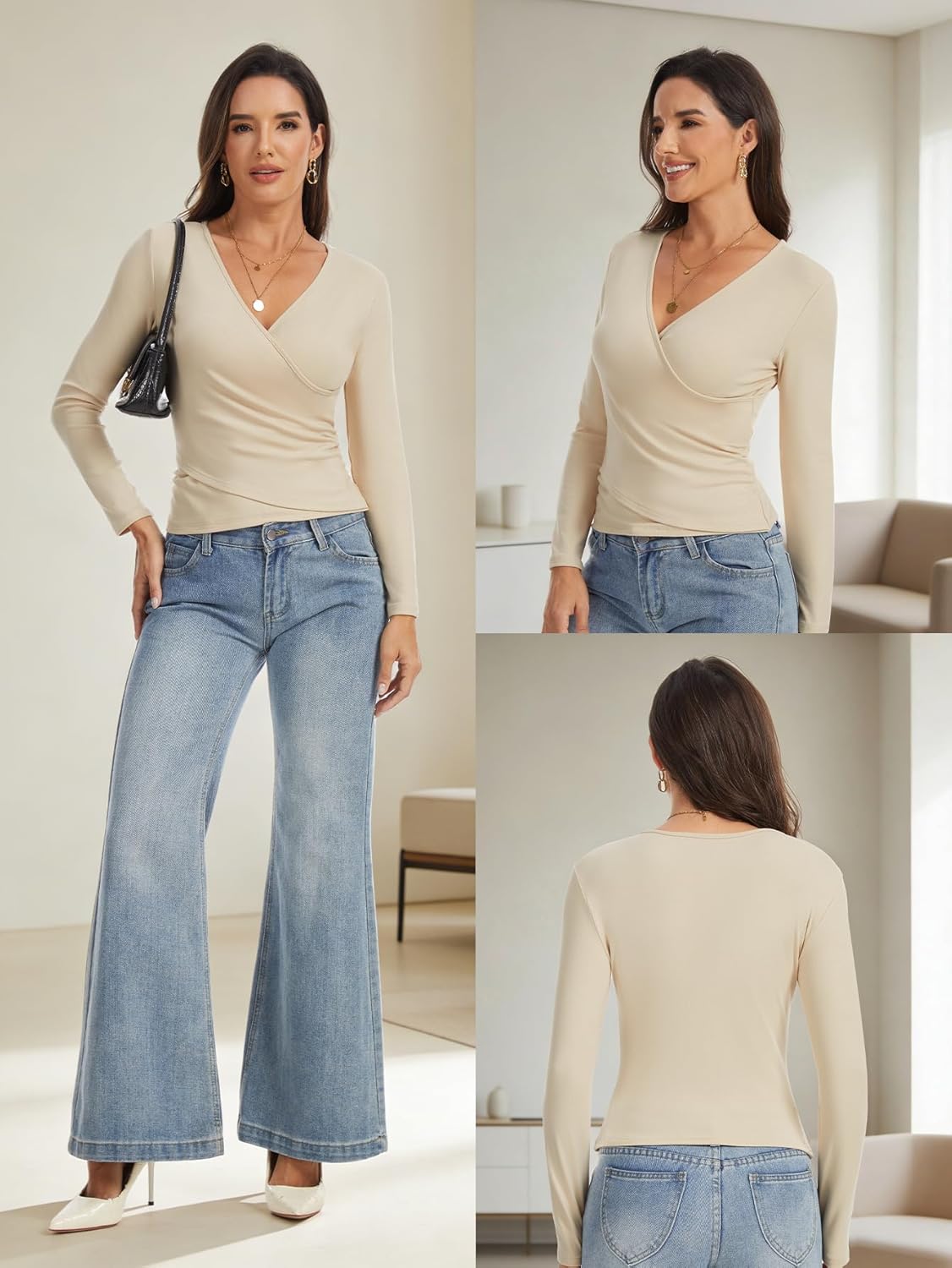 Women’s Long Sleeve Wrap Tops, Deep V Neck Casual Fall Cross Wrap Top Ruched Slim Fit Dressy Blouse - Image 4