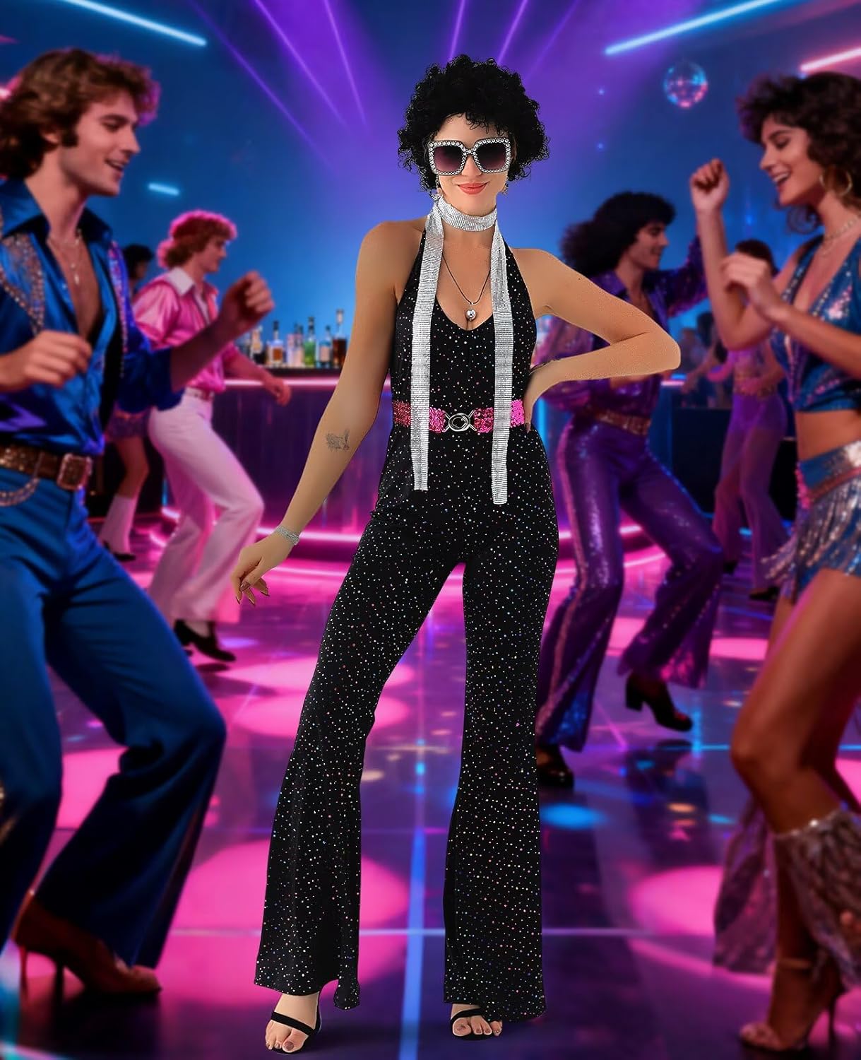 70s Disco Outfits for Women Retro Jumpsuit Costume Set 1970s Accessories Glasses Wig Halloween Party - Image 7