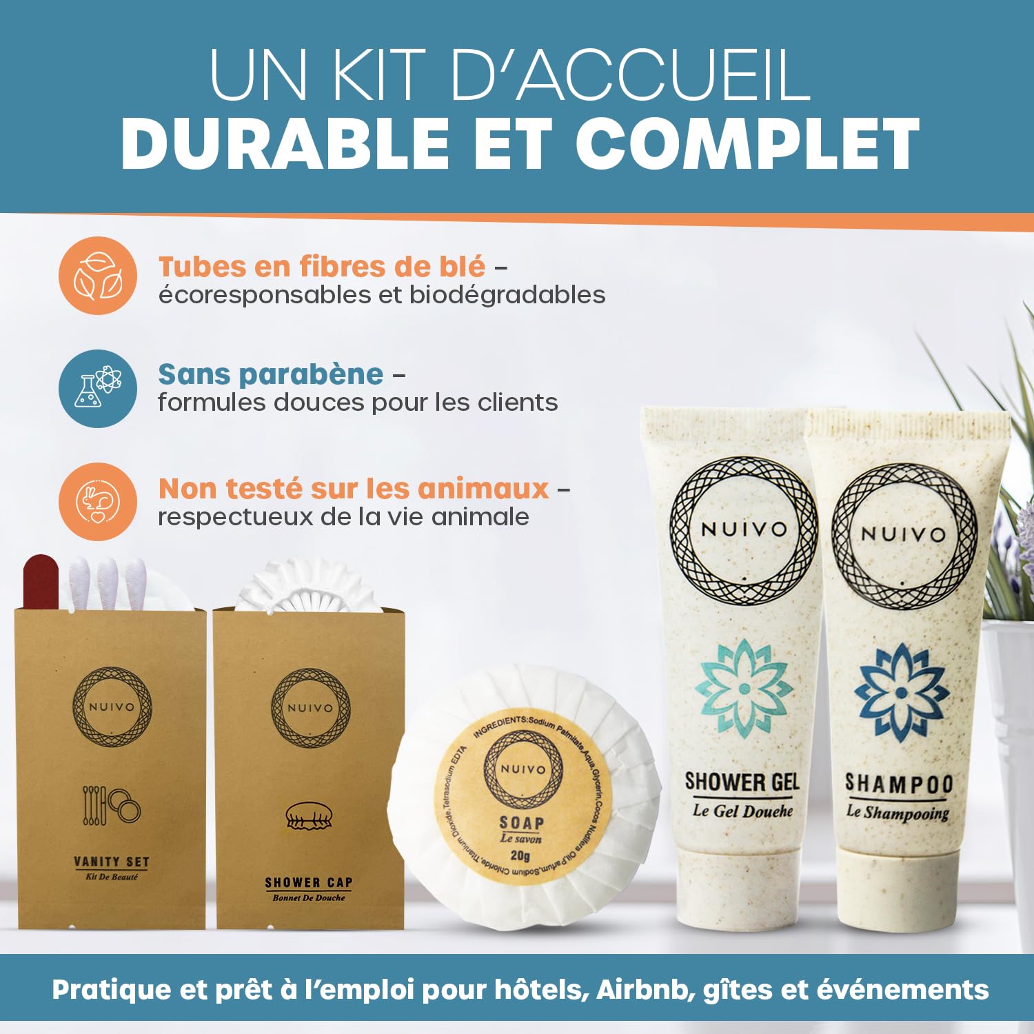 Pack de 50 Kits d’Accueil Écoresponsables Complets pour Hôtel, Airbnb, Gîte, Mariage – Mini Shampoing, Gel Douche, Savon, Vanity Kit, Bonnet de Bain – Sans Paraben - Format Voyage