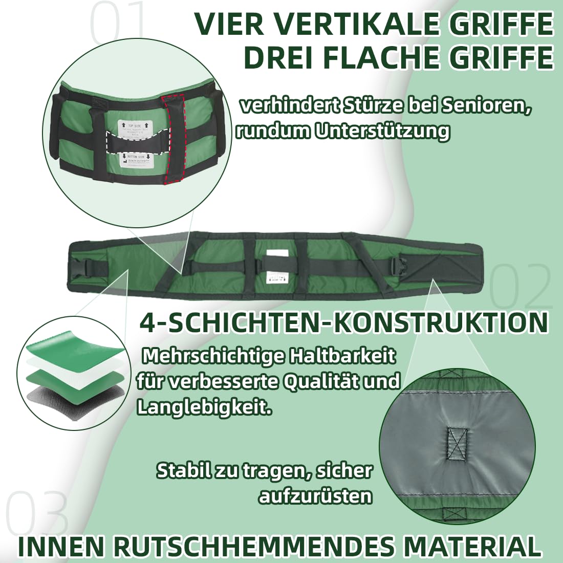 Gehgurt Transfergurt mit 7 Griffen – Pflegegurt für Senioren und Patienten, komfortabler Umsetzgurt mit Klett und Schnalle, verstellbar, bis 150 kg belastbar (Grün, Übergröße)