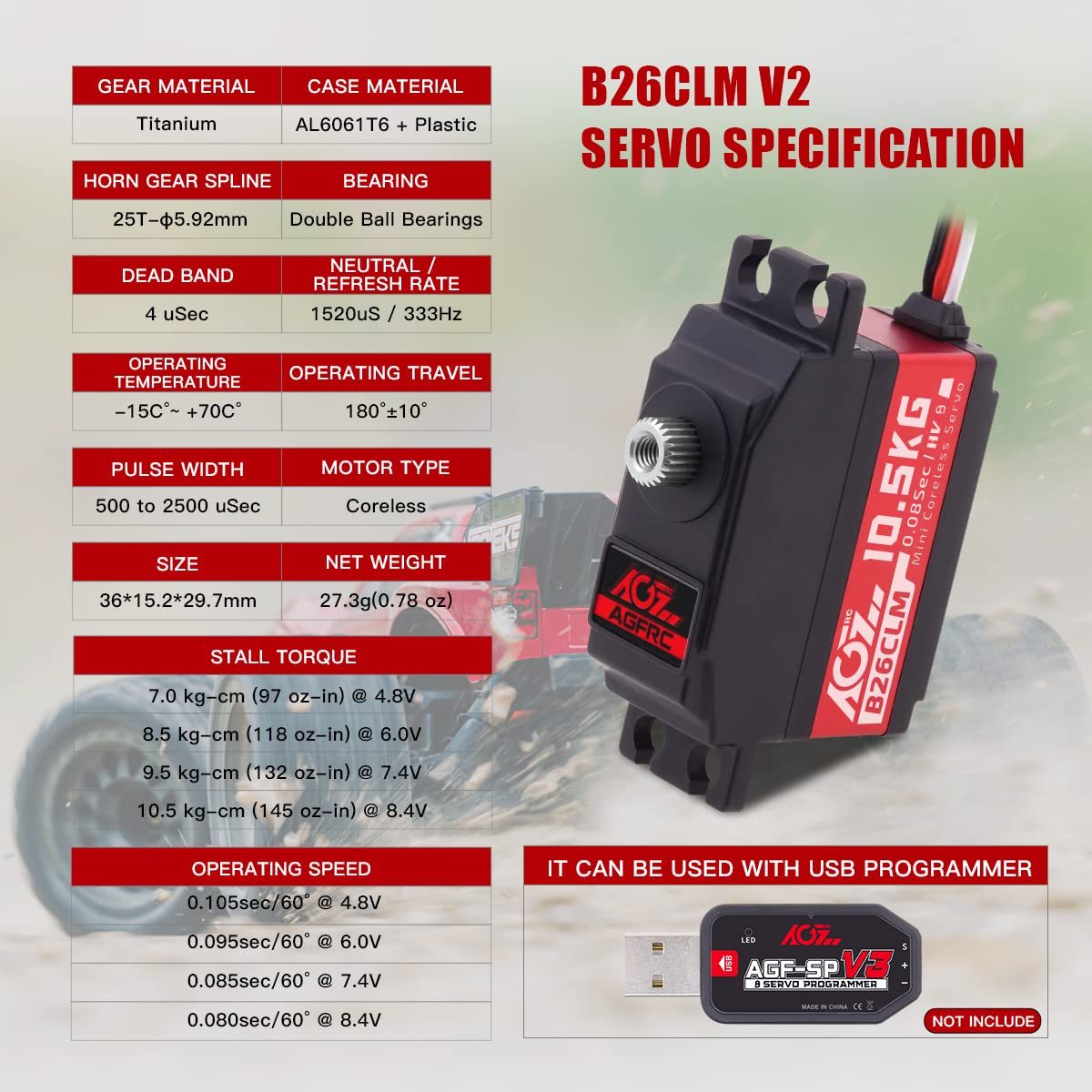 AGFRC Servo Digitale Coreless 10.5KG - Alta Velocità con Scocca Intermedia Alluminio e Ingranaggi Titanio per Auto/Aeroplanini RC 1/12 (B26CLM V2)
