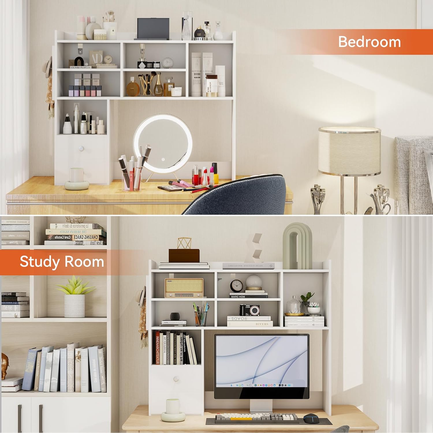 ELECWISH Desktop Bookshelf, Desk Shelf with 2 Drawers for Computer Desk, 36.22" 7-Tier Adjustable Desktop Hutch Organizer with Pegboard for Home Office, White