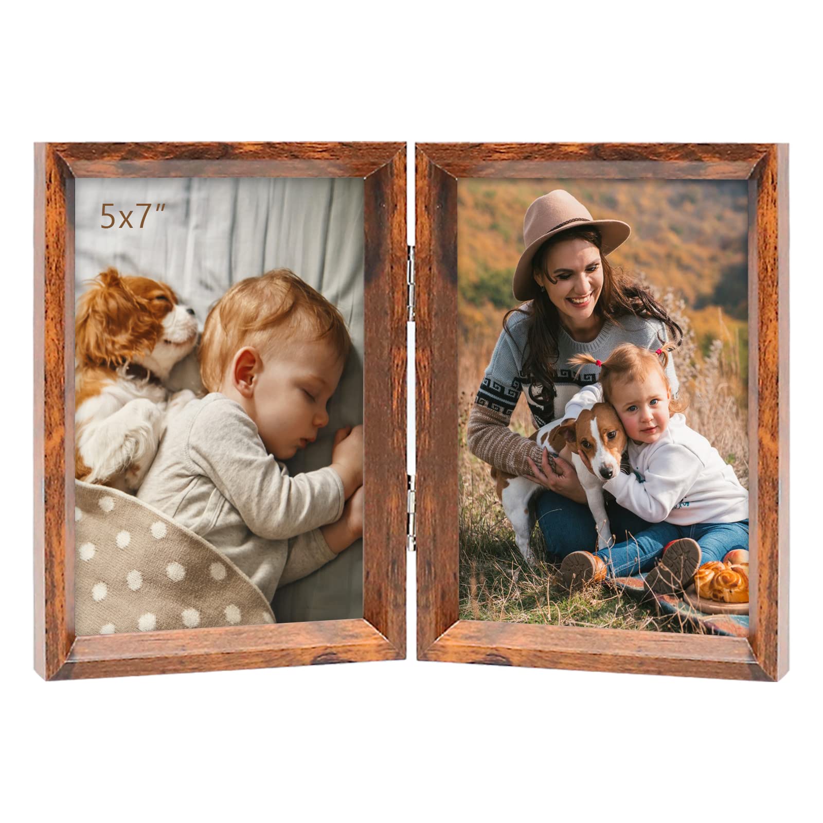 AEVETE5x7 Double Picture Frame Vertical Display Rustic Folding Photo Frames, Brown