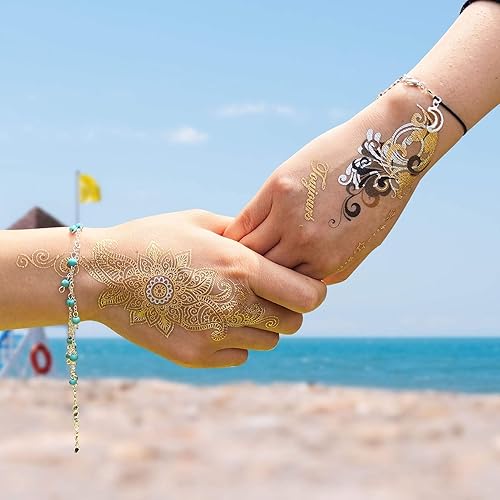 Miniatura 5 de Aresvns Tatuaje dorado metálico de 32 hojas, más de 340 tatuajes temporales flash para mujeres, adolescentes, niñas, niños, tatuajes de henna flash
