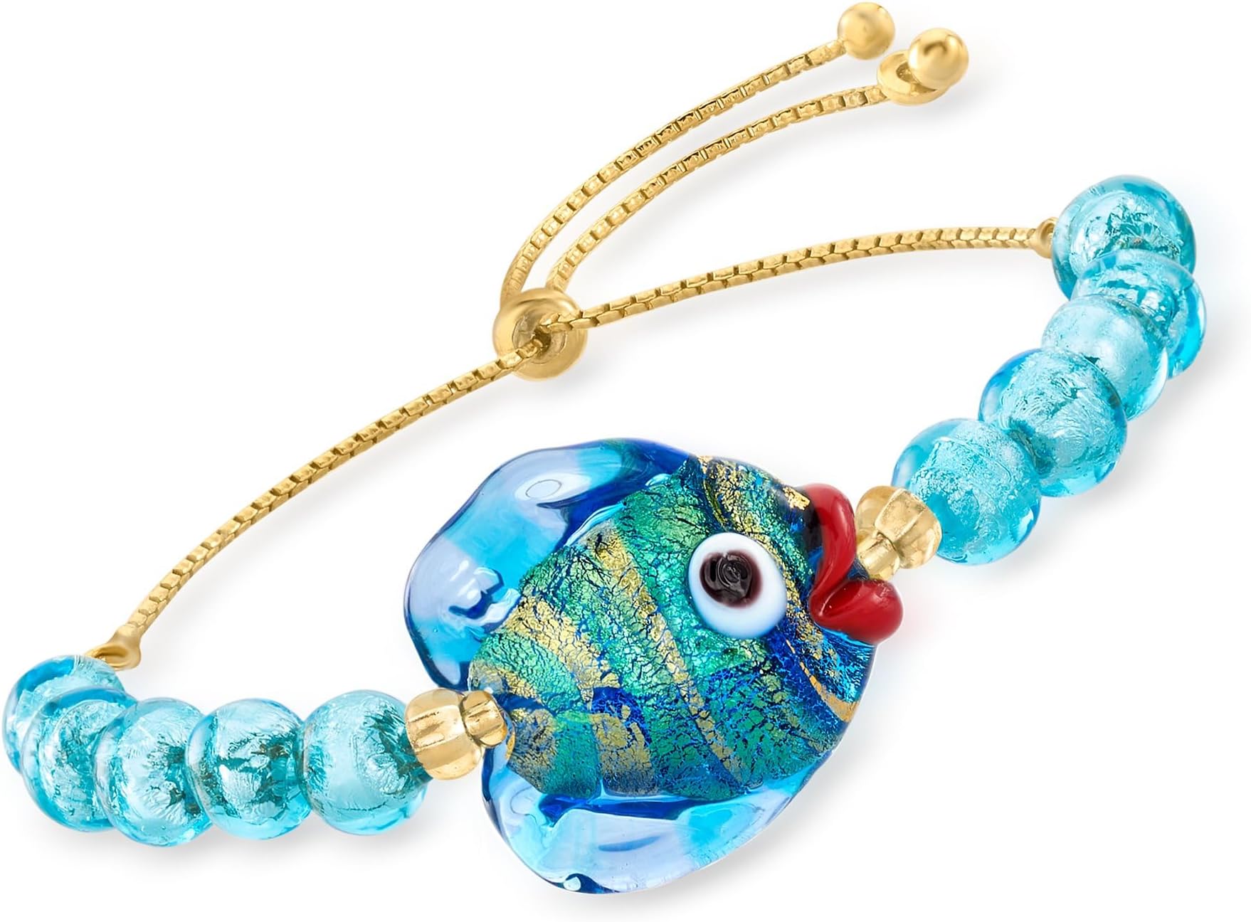 Italian Multicolored Murano Glass Fish and Bead Bolo Bracelet With 18kt Gold Over Sterling