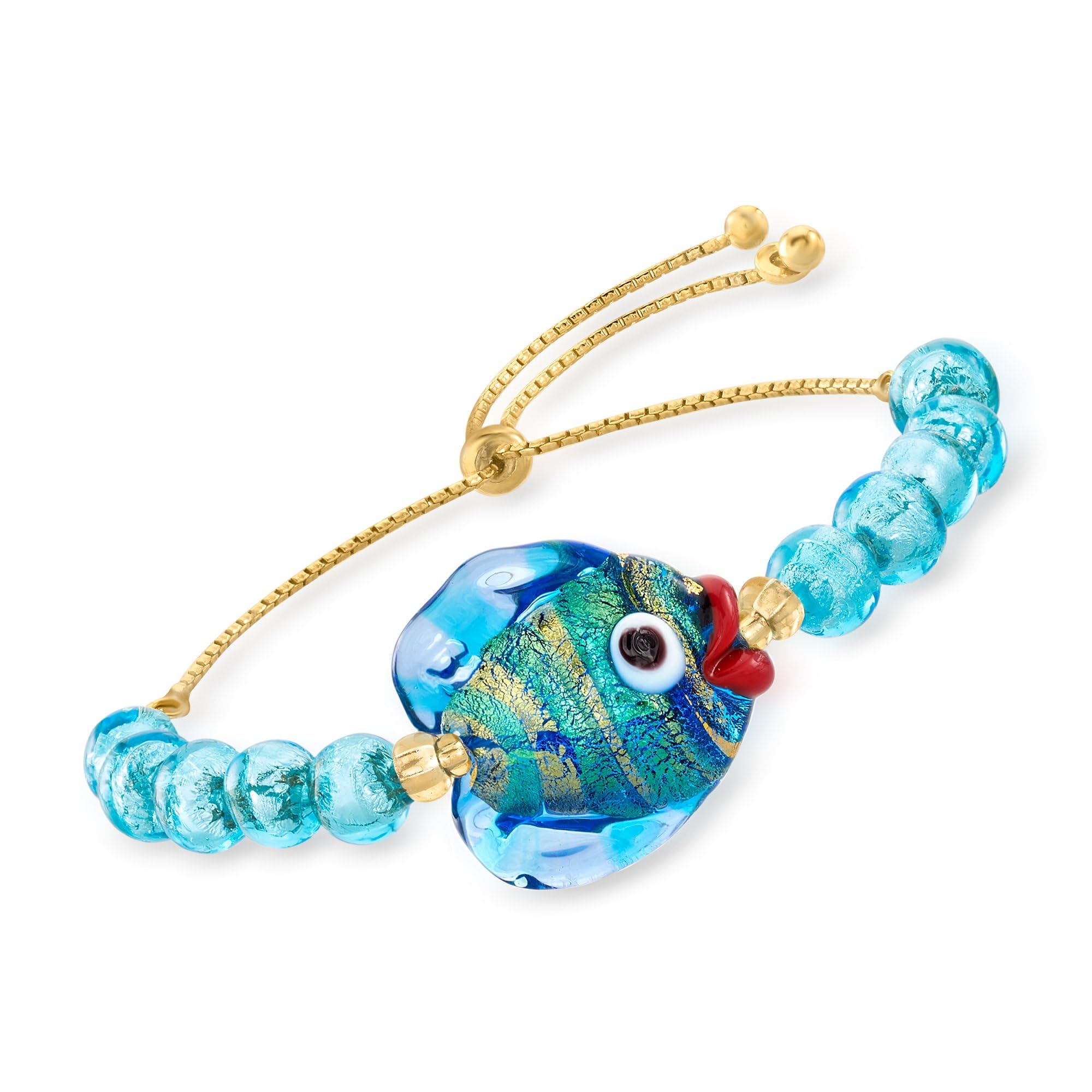 Italian Multicolored Murano Glass Fish and Bead Bolo Bracelet With 18kt Gold Over Sterling