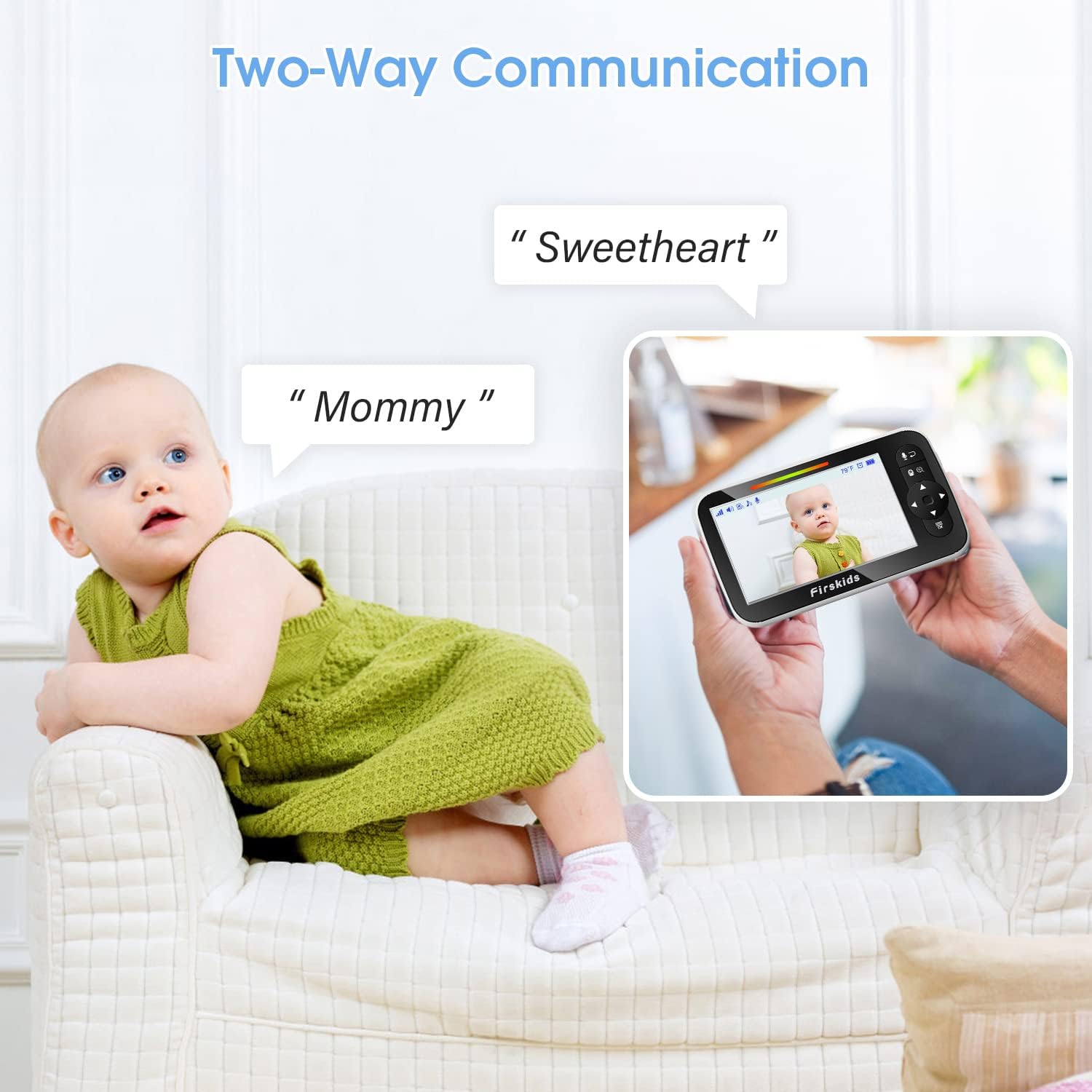 Firskids Baby Monitor showing two-way communication between parent and baby
