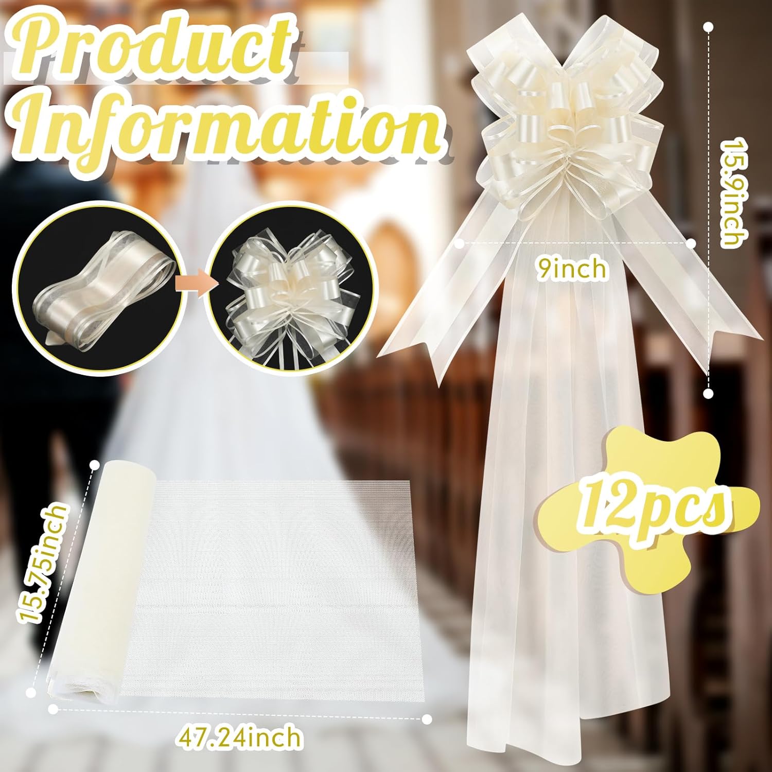 12 Set Large Wedding Pew Bows with Long Tulle Tails Church Chair Aisle Decorations Wedding Car Decoration Big Bows for Bridal Shower Reception Birthday Anniversary (Champagne)