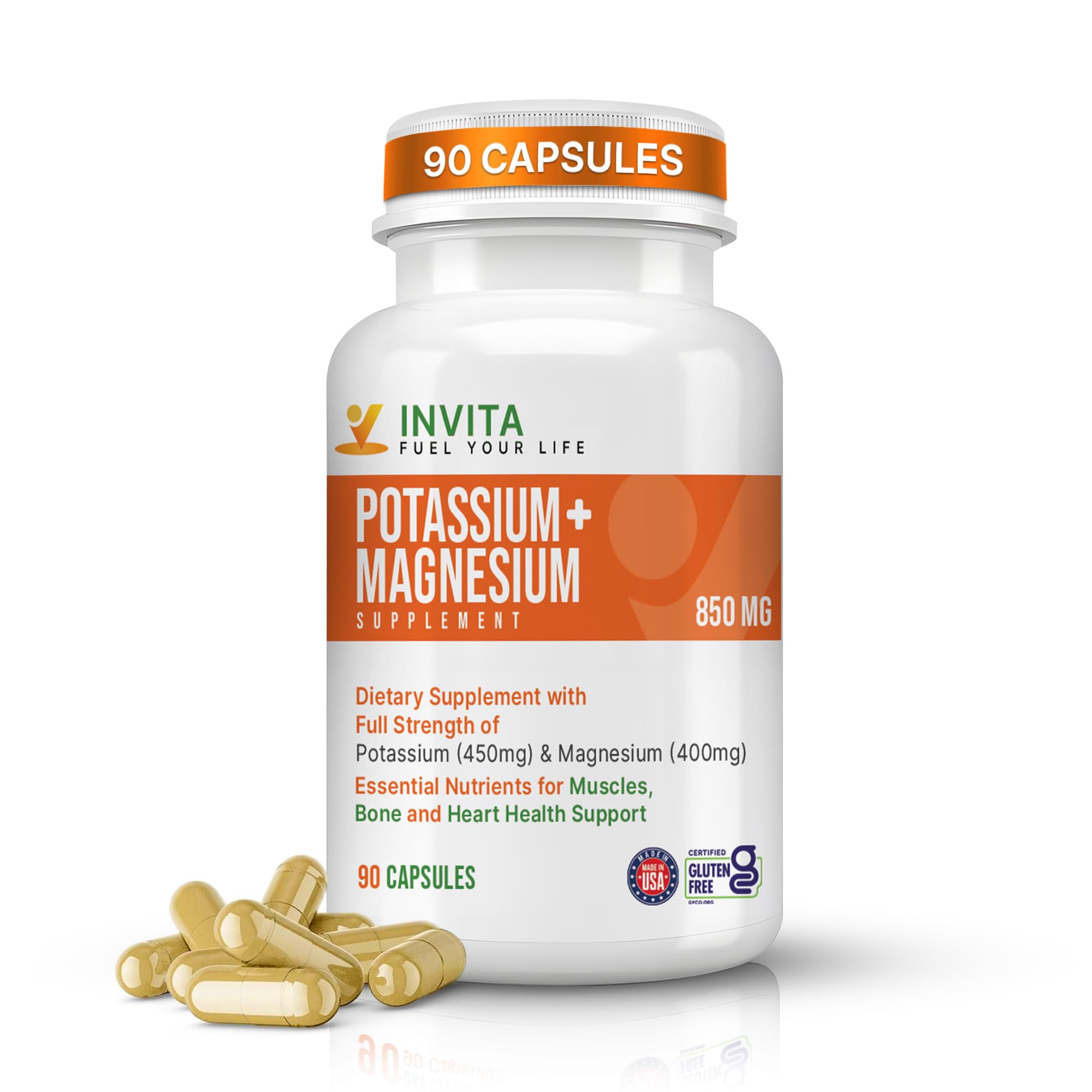 Invita Potassium Magnesium Supplement (90 Capsules) High Absorption Potassium Magnesium Complex with Aspartate & Chloride - Supports Cardiovascular, Muscles & Nerve Health - Non GMO & Gluten Free 90 Count (Pack of 1)