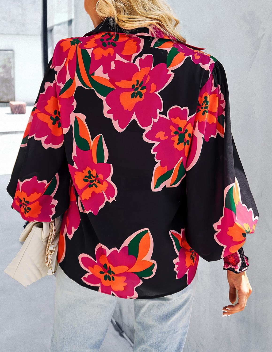 Long Sleeve Button Down Shirts for Women Dressy Casual Blouses Oversized Floral Tops with Lantern Sleeve - Image 5