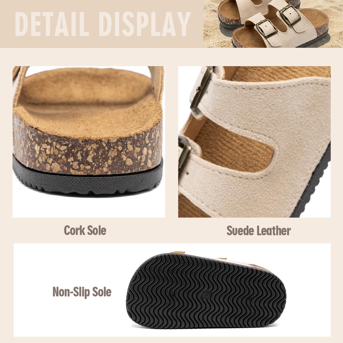 KIDSUN Toddler Slide Sandals Cork Footbed Adjustable Strap Boys Girls Summer Casual Indoor Outdoor Play Shoes