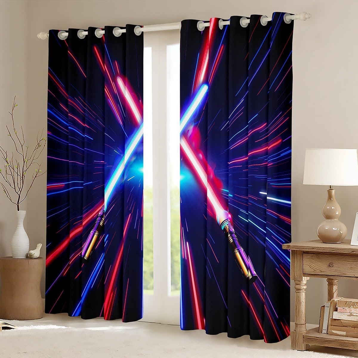 Lightsaber Window Curtains,Geometric Lines Gradient Window Drapes for Kids Teens Girls Boys,Future Technology Metaverse Red Blue Window Treatments Grommet Top 2 Panel Set Curtains, 52Wx84L inch