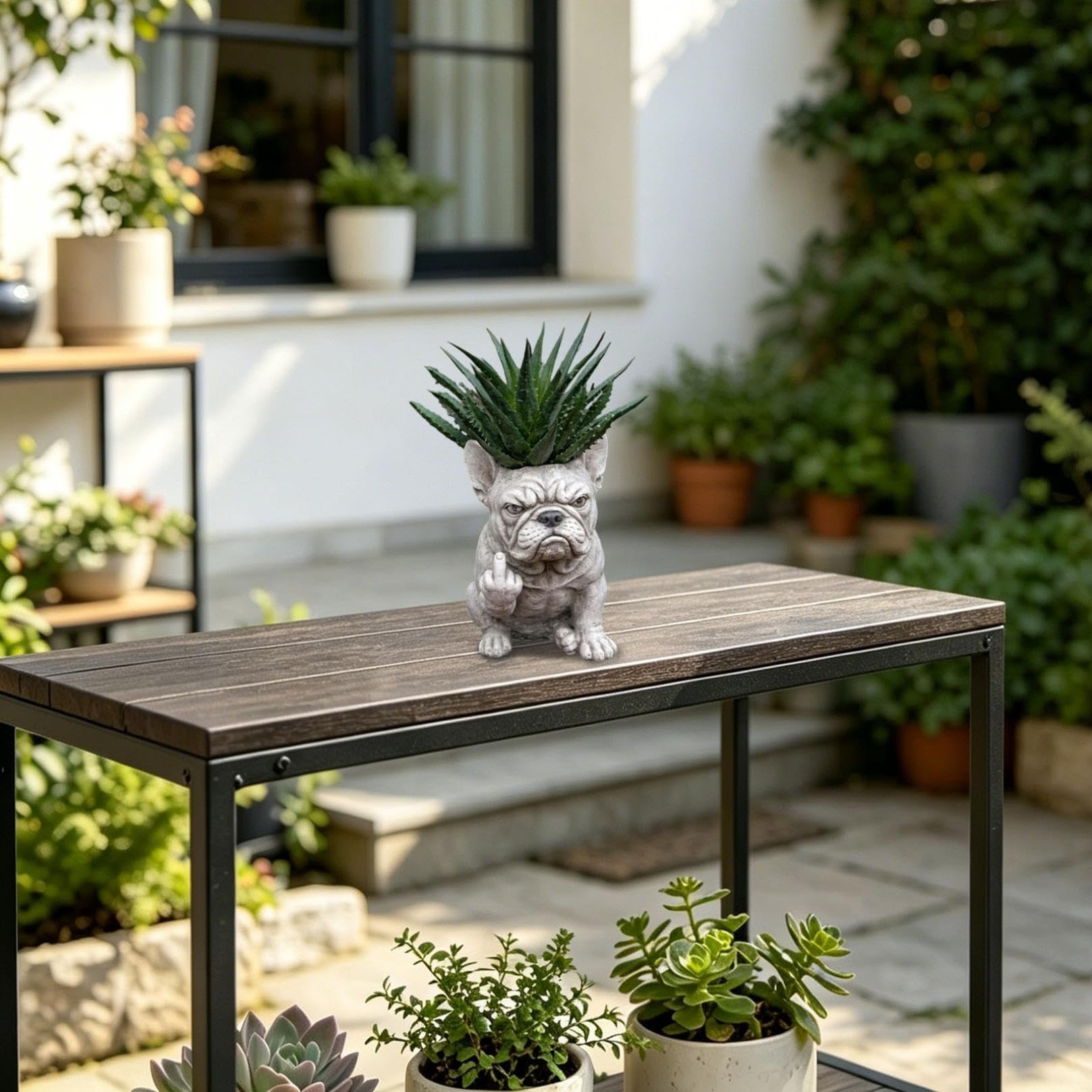 Pot de fleurs amusant en forme de bouledogue français, pot de fleurs créatif en résine, décoration de jardin, statue de chien, pot pour plantes d'extérieur (blanc_D)